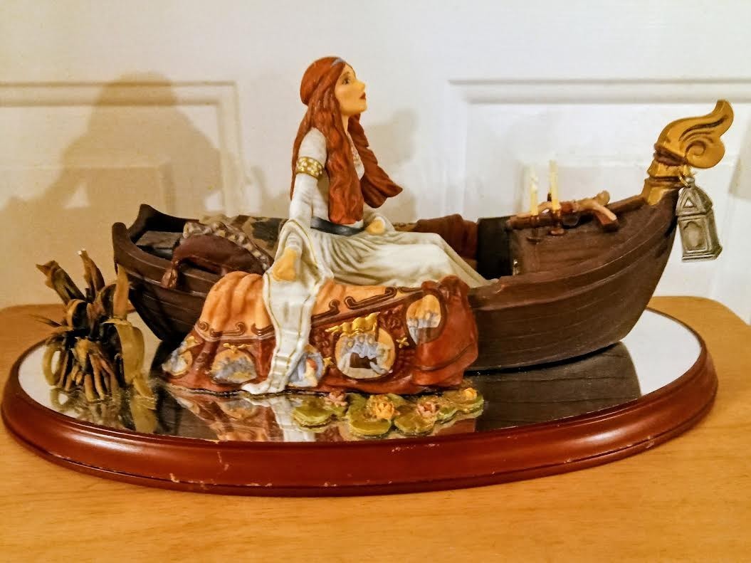 Lady of Shallot figurine, Pre-Raphaelite. Set on mirror and wooden base