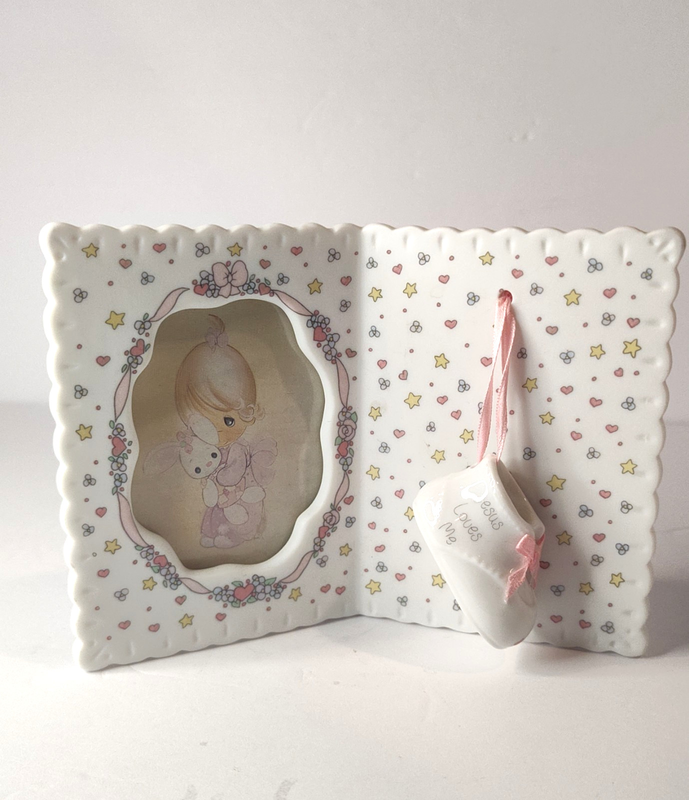 Vintage Enesco Precious Moments “Jesus Loves Me” Porcelain Baby Girl Photo Frame