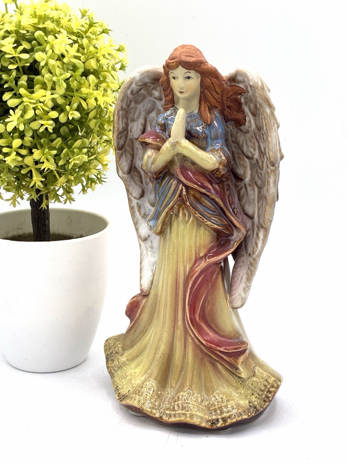 Ceramic Praying Angel Figurine 7 Inch Reactive Glaze Matte Wings