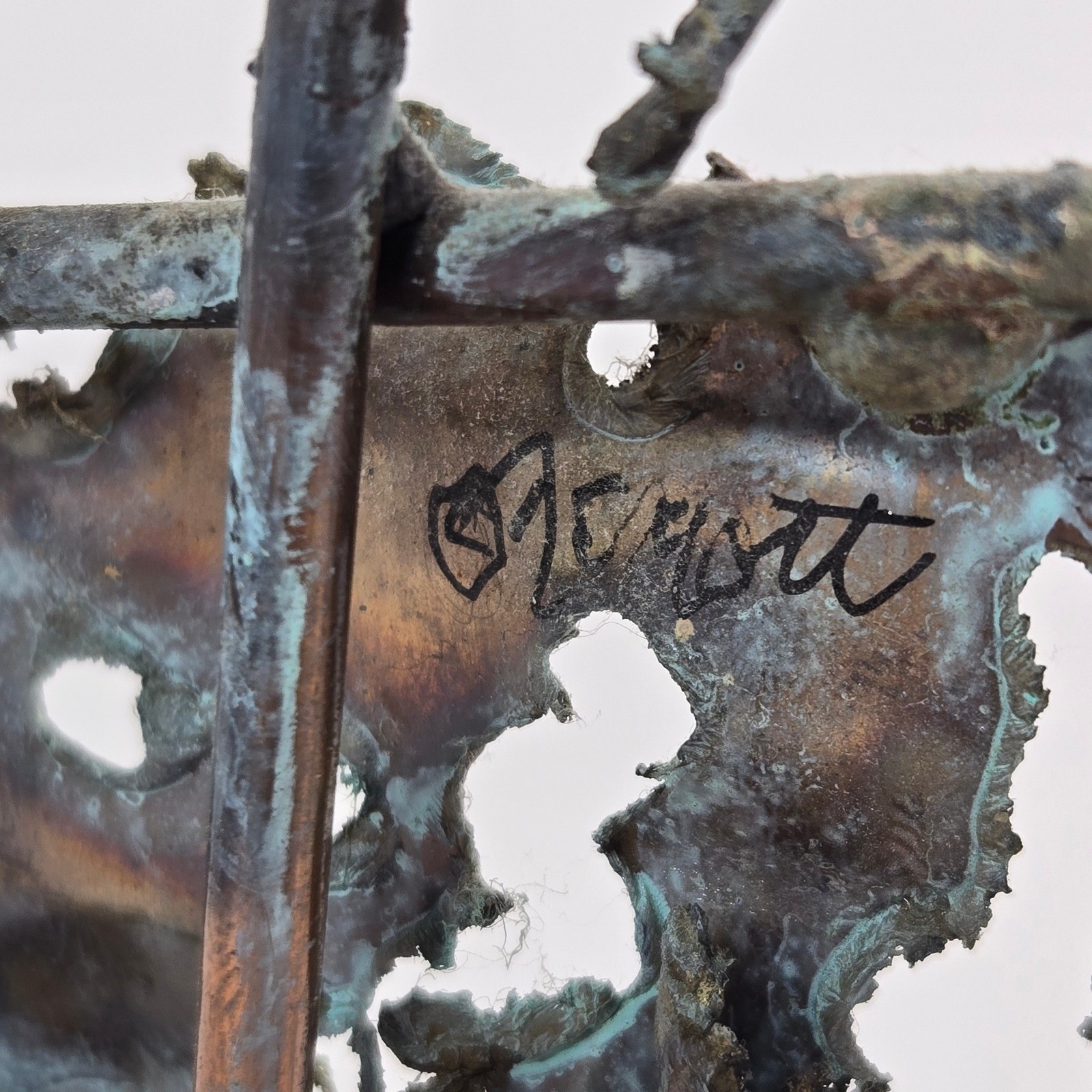 Vintage Brutalist Metal Ship Sculpture Signed DeMott Onyx Base Nautical MCM 13.5