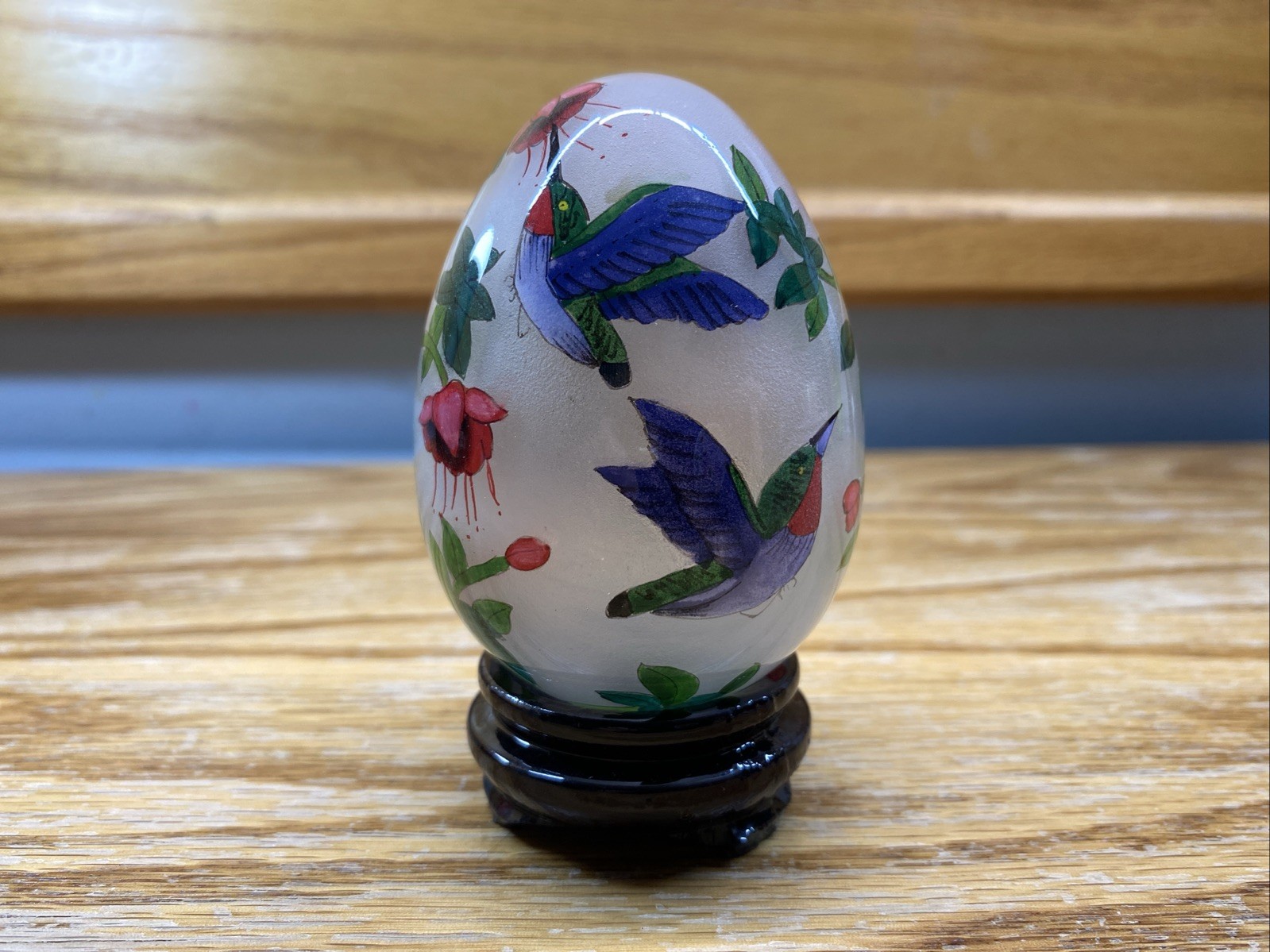 Vintage Reverse Hand Painted Glass Blown Egg Hummingbird Flower With Stand