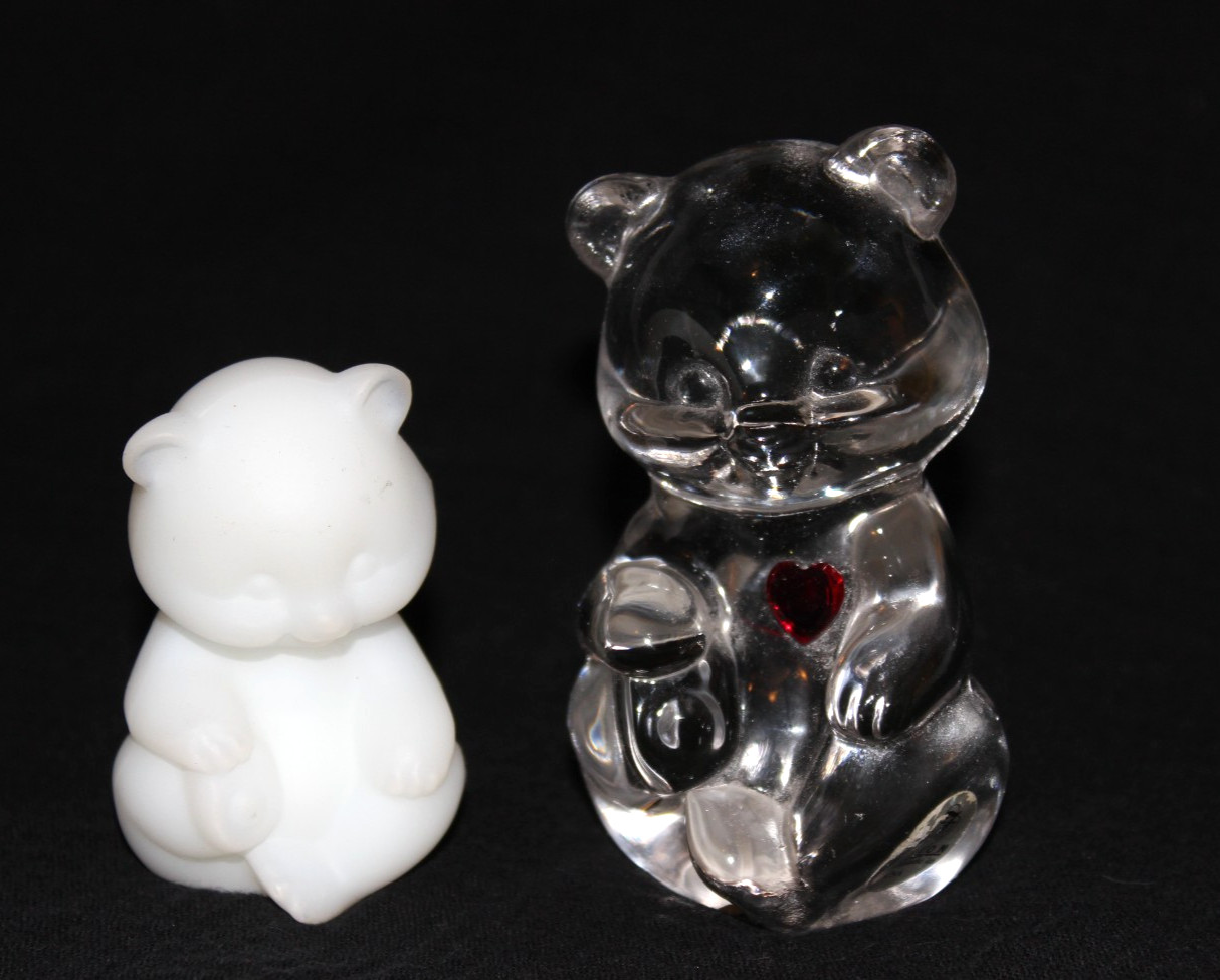 2 Fenton Art Custard Glass Bear Clear with red heart Figurines