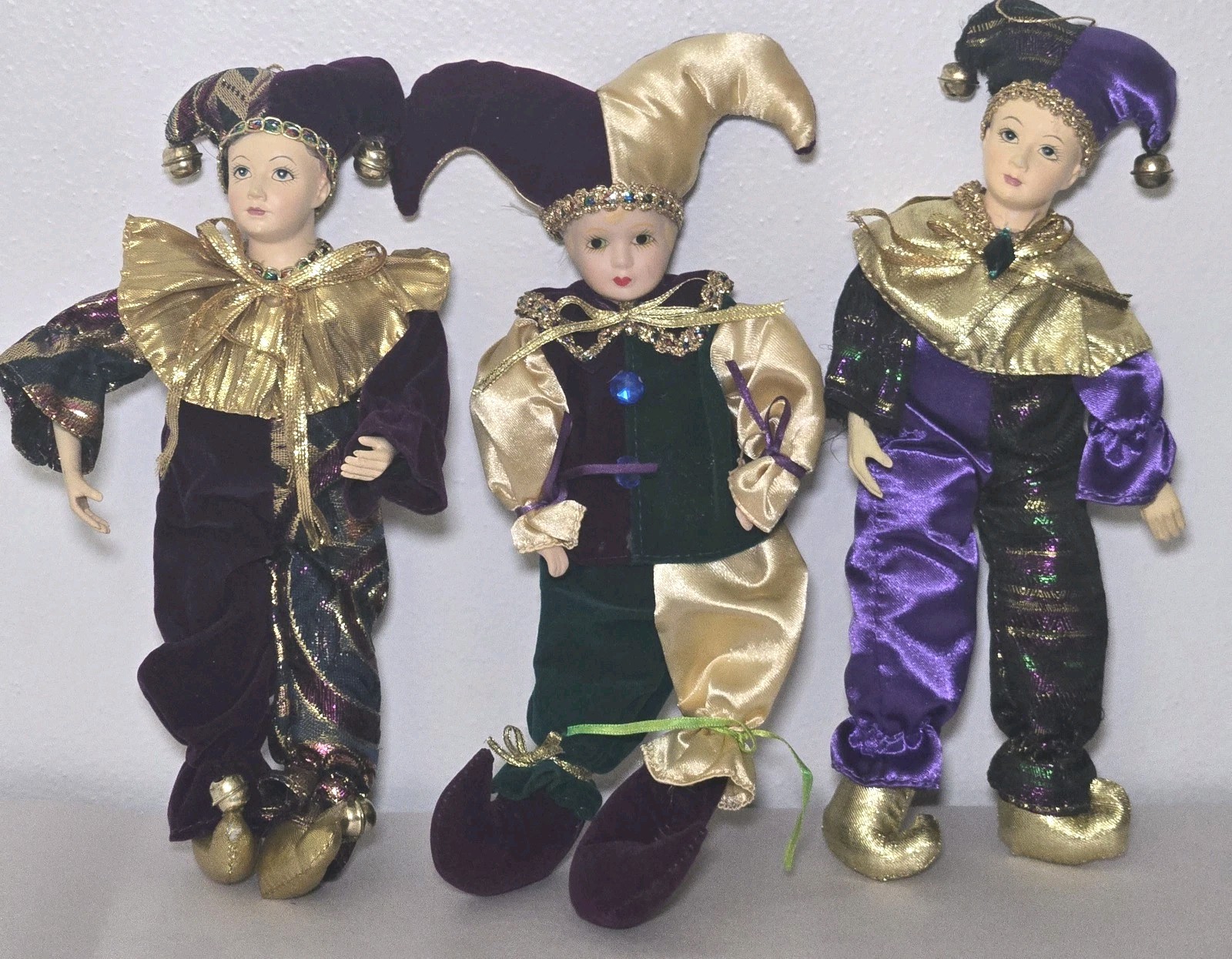 Jester Dolls Set of 3 Posable Bendable Purple Gold Mardi Gras Decor