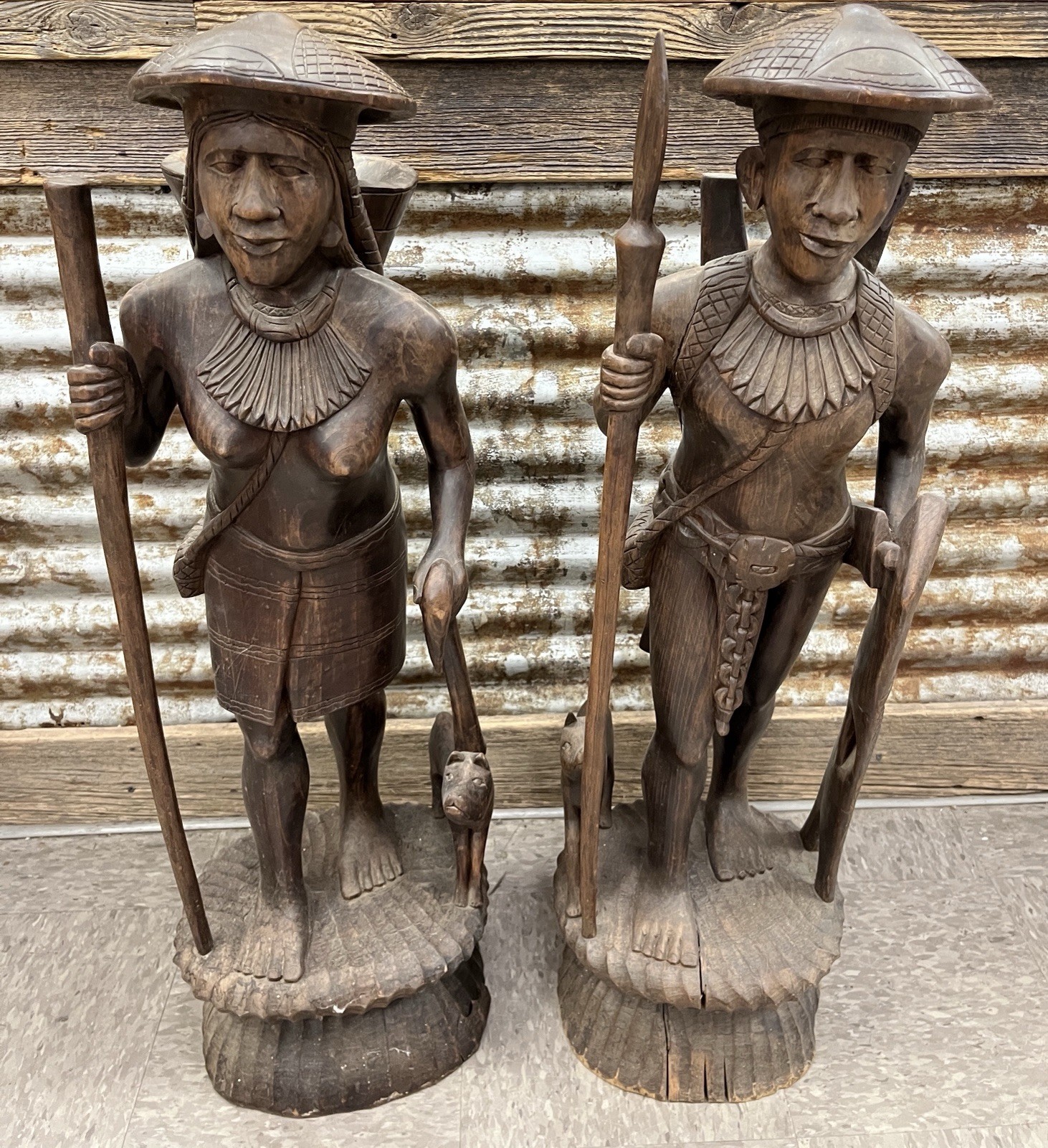 Pair of Igorot Tribesmen Figural Hunter and Huntress Carvings 3ft tall LARGE