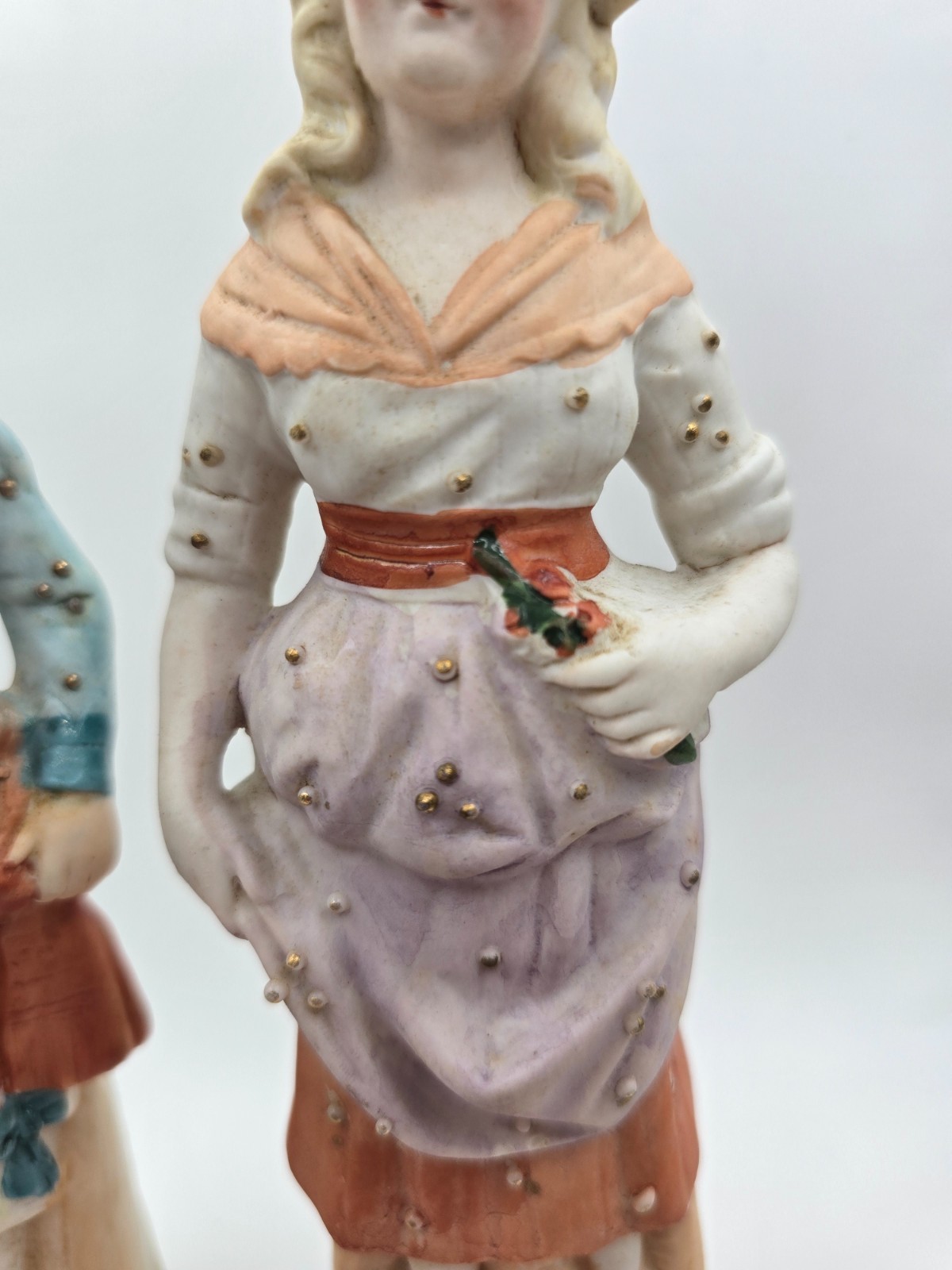 Vintage Porcelain Colonial Couple Figurines Pair Hand Painted Gold Accents 8″