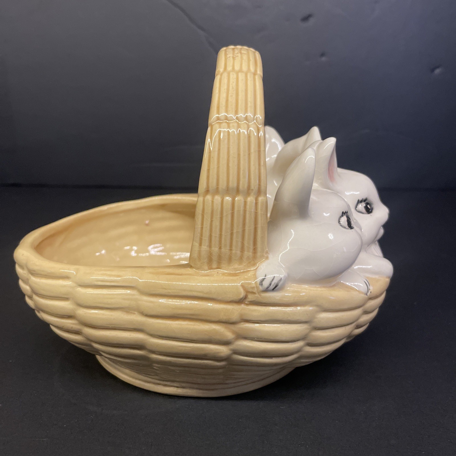 Easter Atlantic Mold Hand Painted Ceramic Basket w/3 White Bunnies Spring VTG