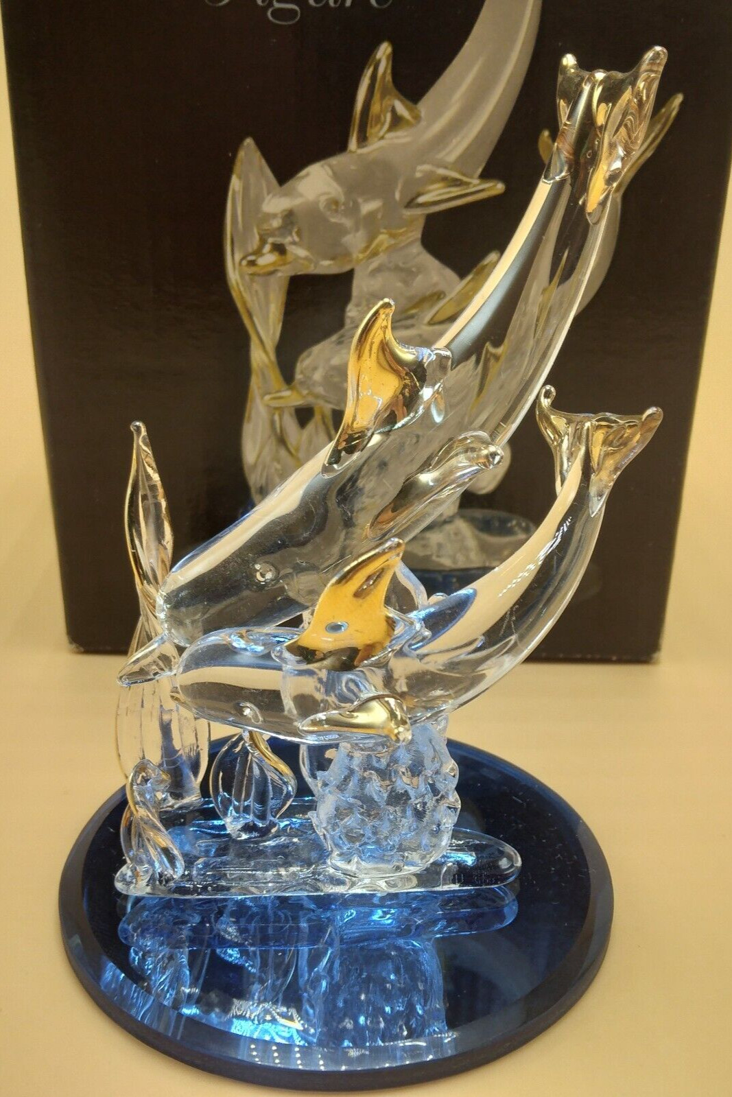Giftco Blown Glass Mom and Baby Dolphins Ocean Clear w/ Gold Accents & Blue Base