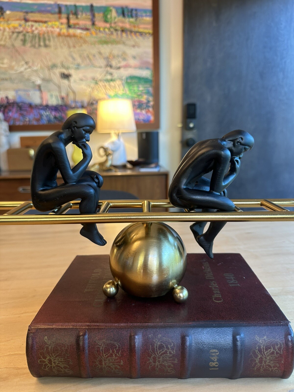 Man On The Stairs Thinking Man, Magnetic, Gold Metal, Movable, Balanced, Sturdy