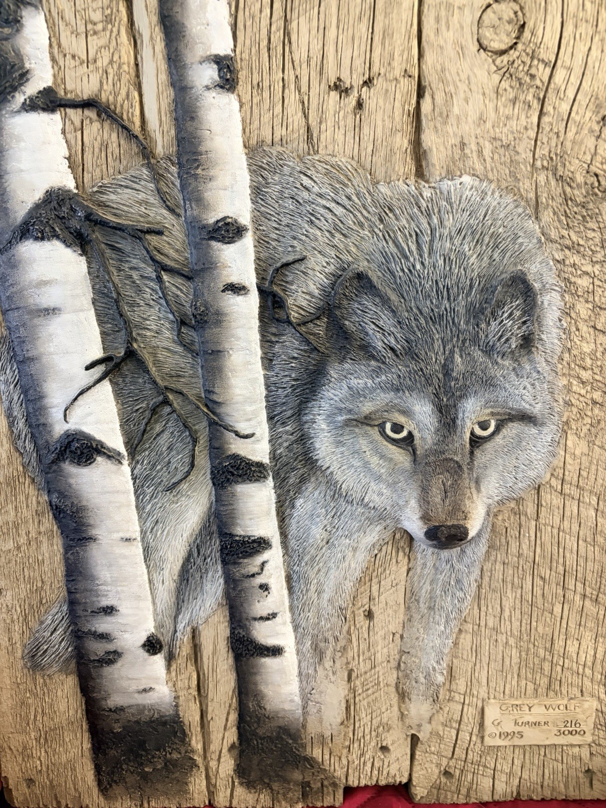 George Turner Ltd Edition Relief Sculpture “GREY WOLF” 1995 Barn Wood W CERT EXC