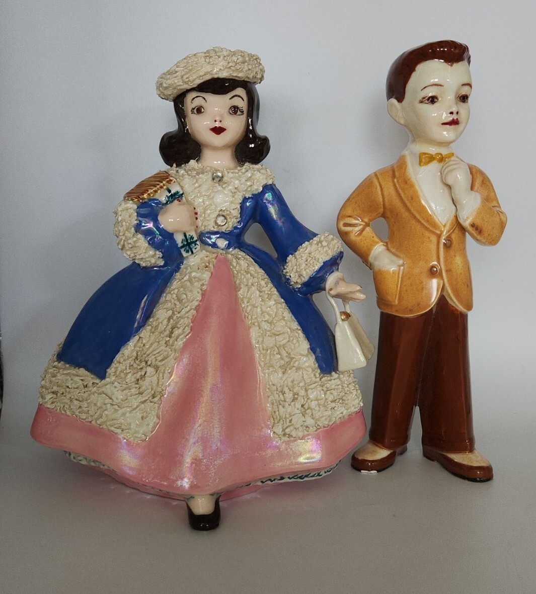 Vintage 1950’s Kitsch Figurines Boy And Girl 7in Holland Mold Ceramics