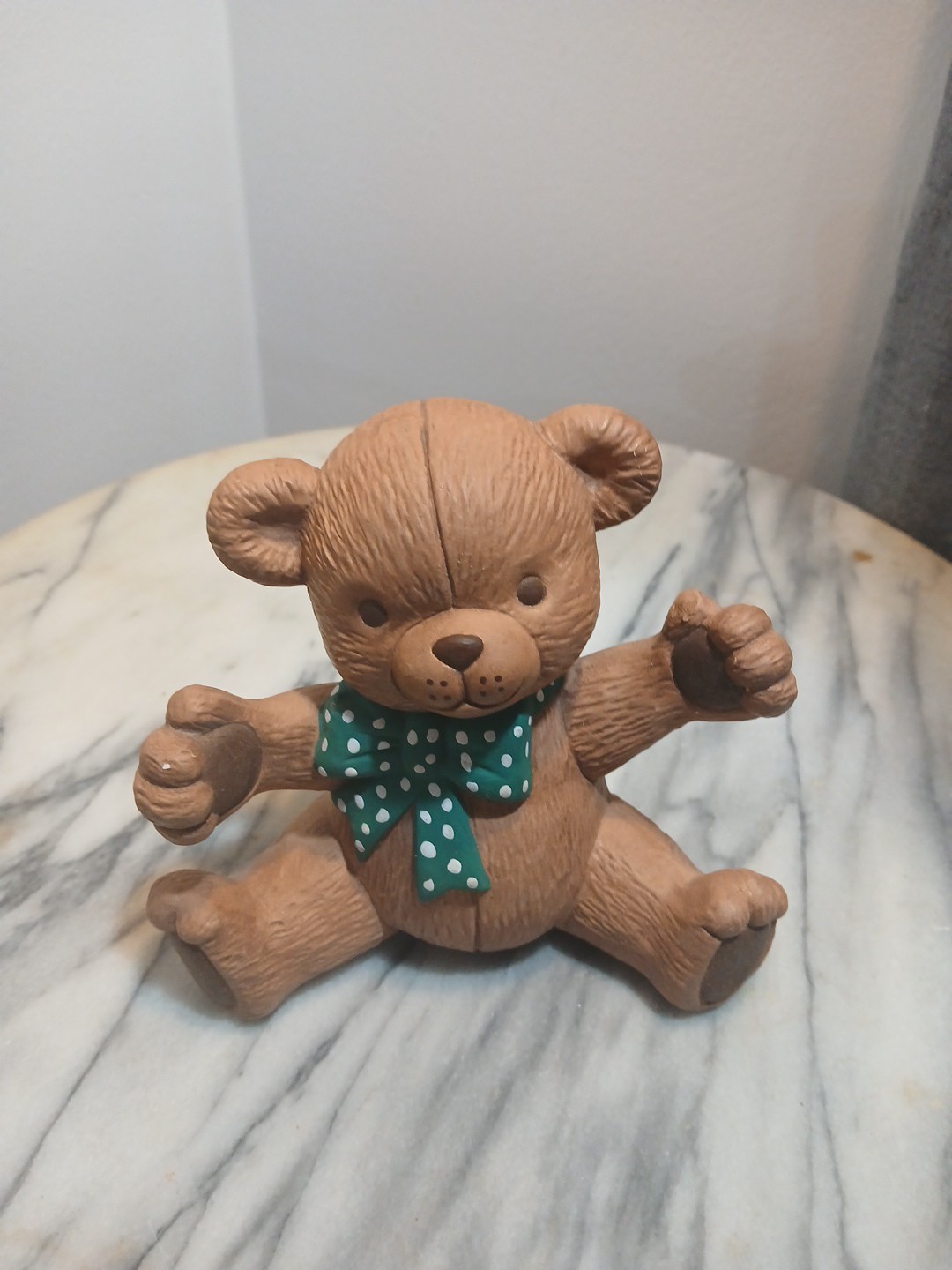 Ceramic Teddybear With Green And White Polkadot Bow