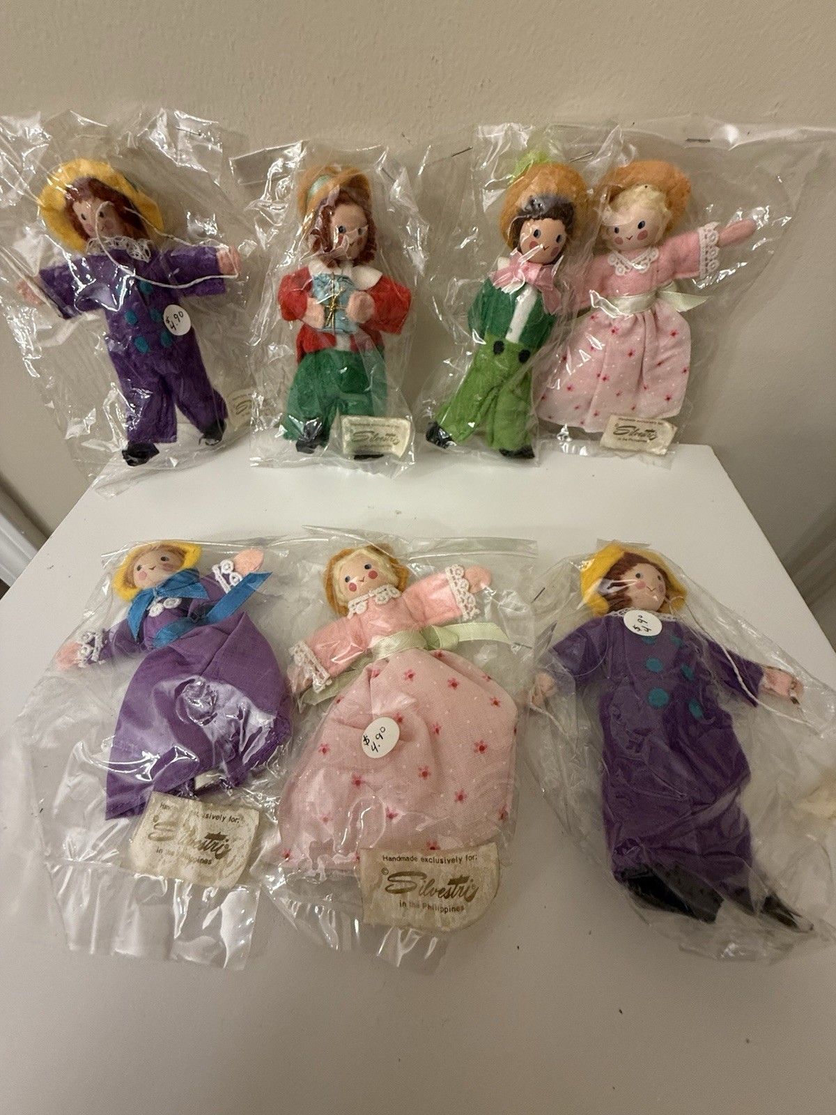 VTG Lot 7 Whimsical Doll Ornaments Figures Wood Faces Handmade Philippines 4-5”