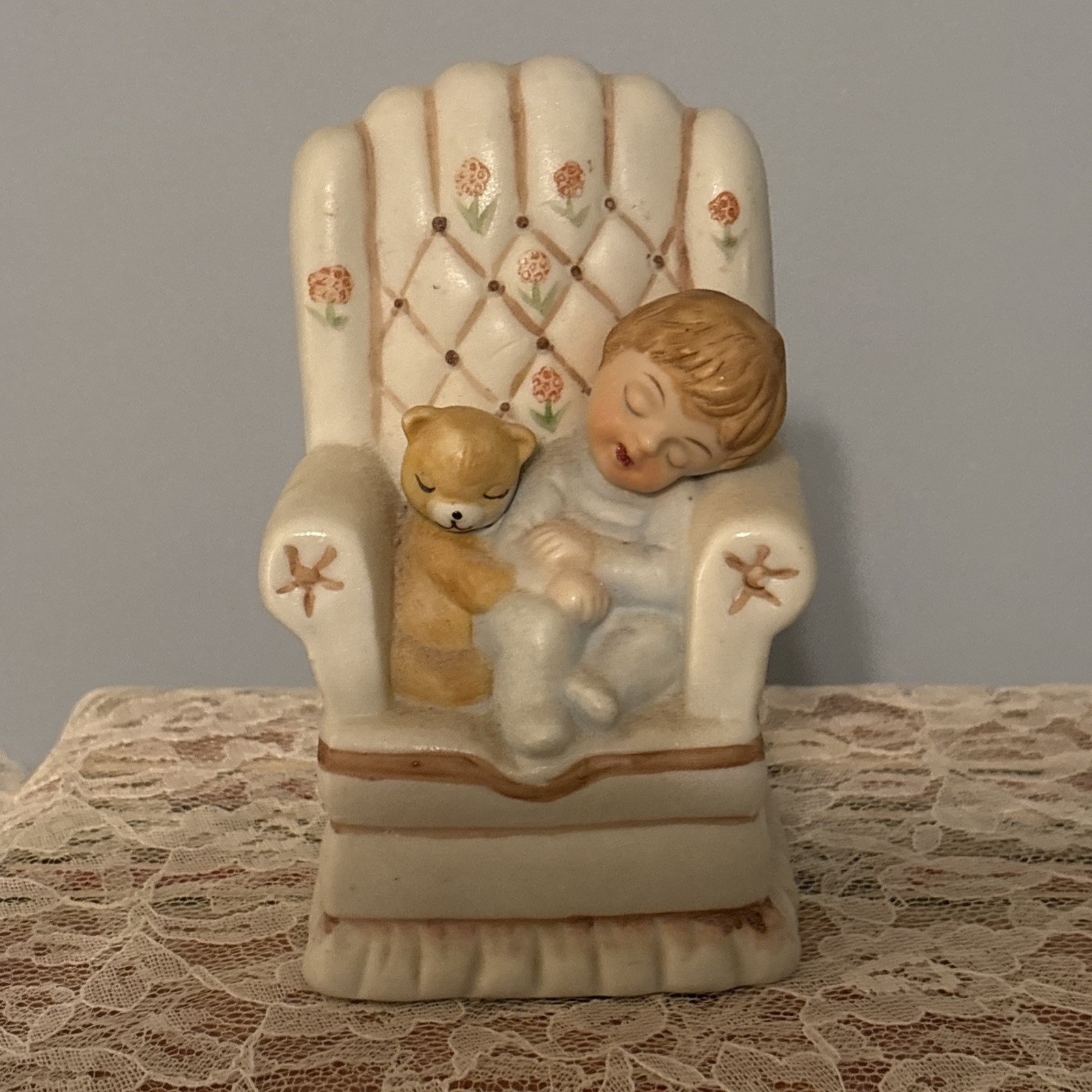 Vintage Porcelain Little Boy in Big Arm Chair w/Teddy Bear Figurine Made Taiwan