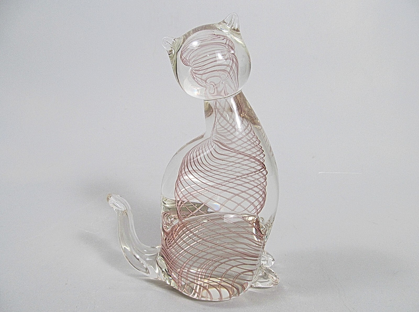 Lenox Pink Paradise Cat Art Glass Figurine Clear With Pink Swirls 7″ Tall