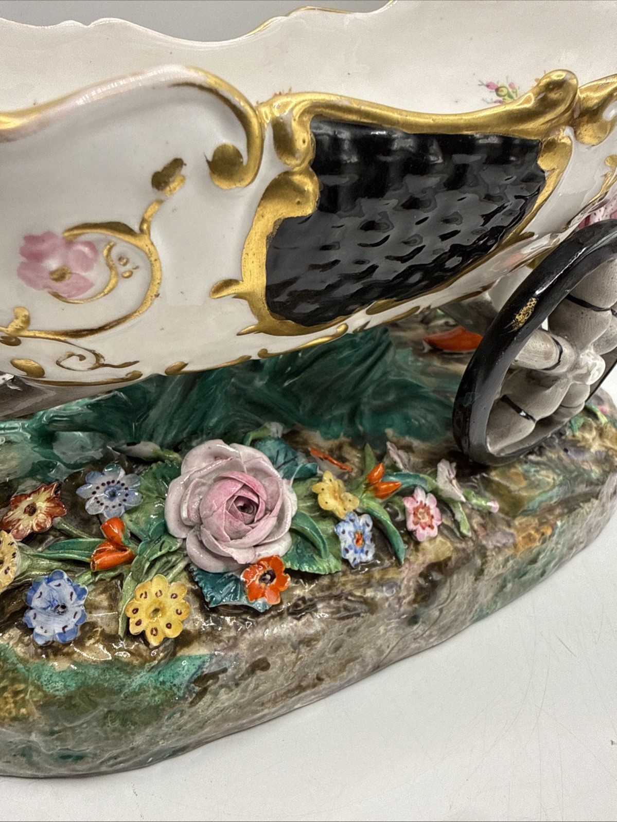 Antique 1880-90 Hand Painted Sitzendorf Porcelain Figure Flowers Wheel Barrow