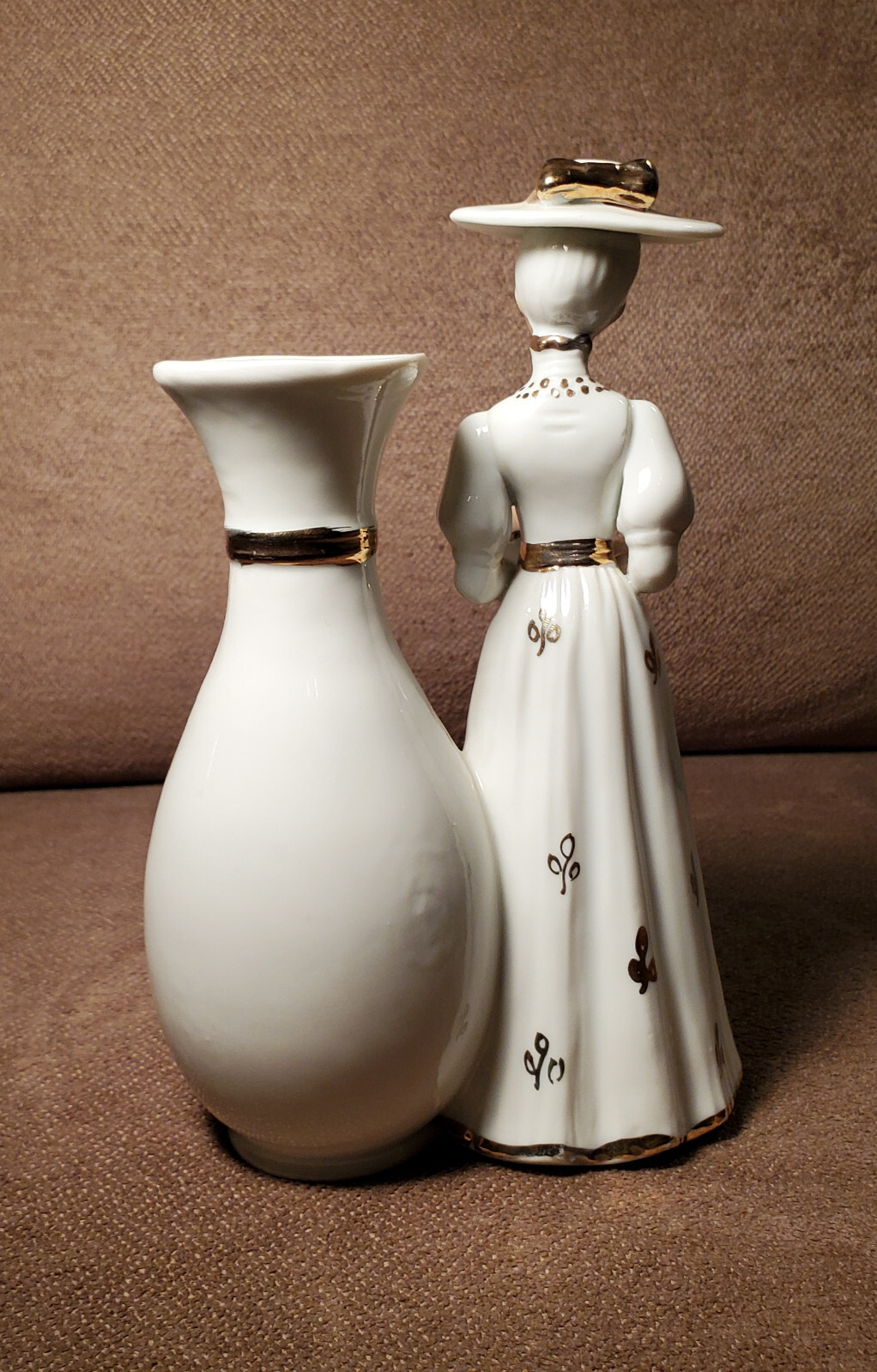 Vintage Worldgift Porcelain 1900s Lady Figurines with Bud Vase Hand Painted Gold