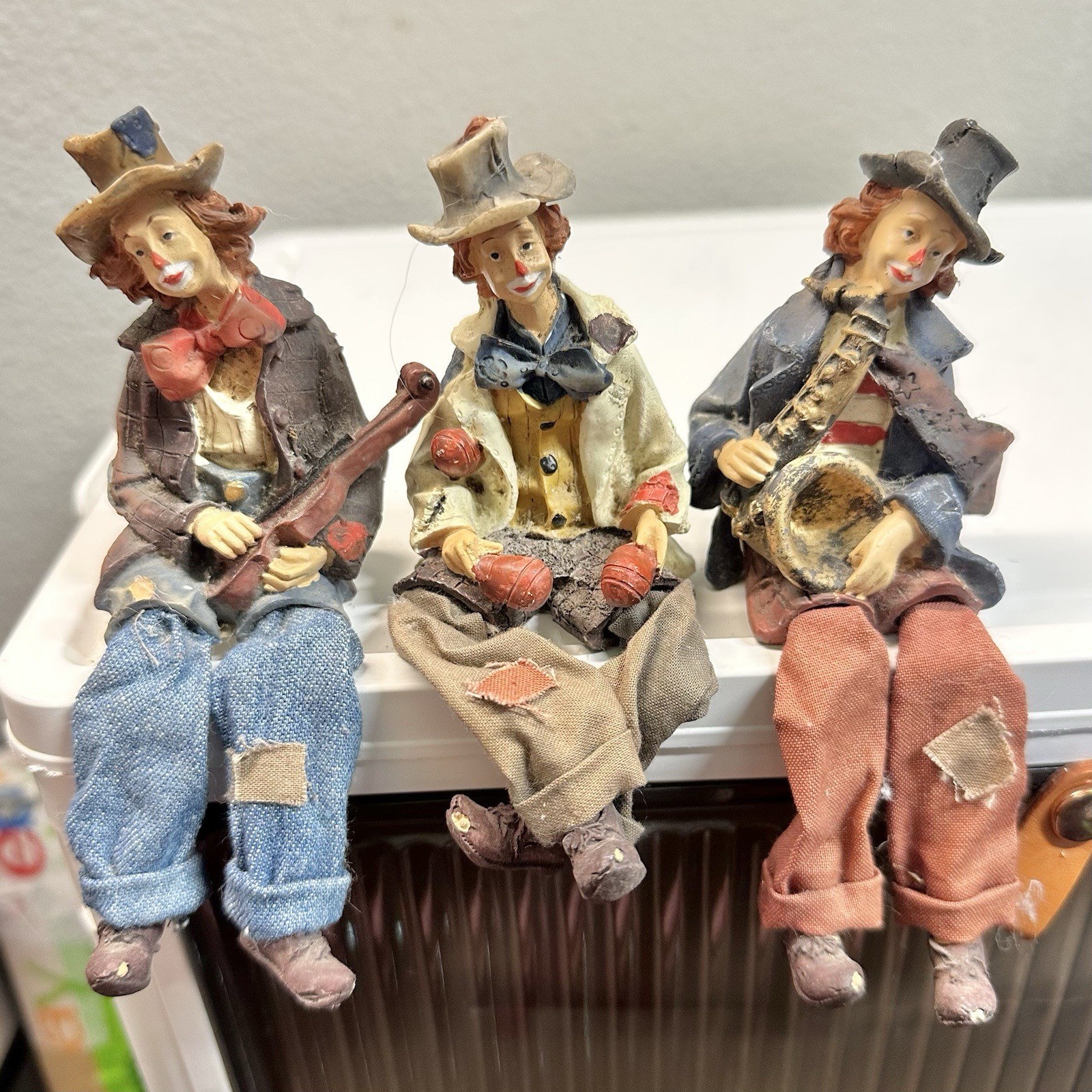 Vintage Shelf Sitter Clown Musicians Set of 3 Resin Fabric Legs 3-3.5”