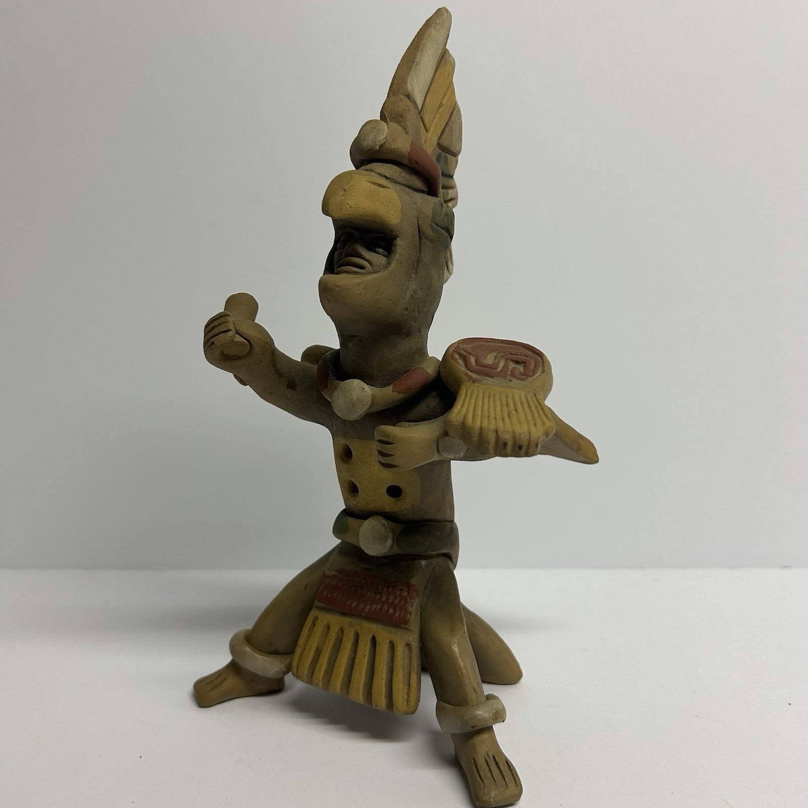 Hand Painted Clay Warrior Figurine Sculpture, Brown/Beige/Red/Green Matte