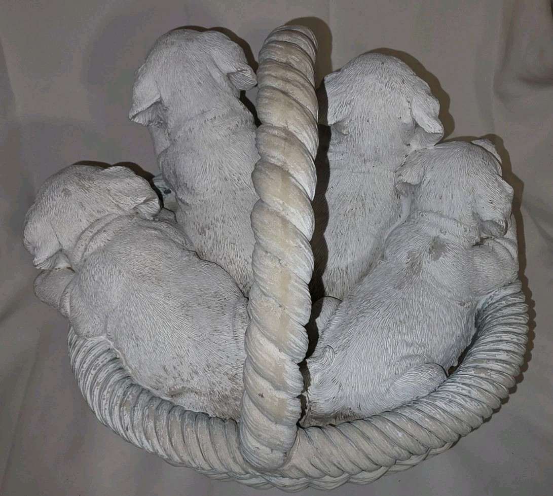 Puppies in Wicker Basket Figurine • Resin Puppy Decor • Life Size Farmhouse