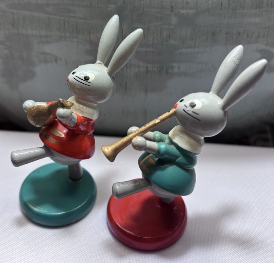 Vintage Spain Goula Rabbits Playing Mandolin Flute Easter Bunny Girls Wooden