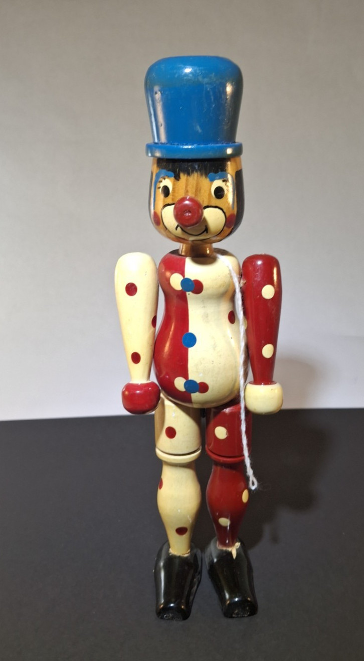 Vintage Wooden Standing Clown Doll Figurine Painted Jointed Wood Figure 9″