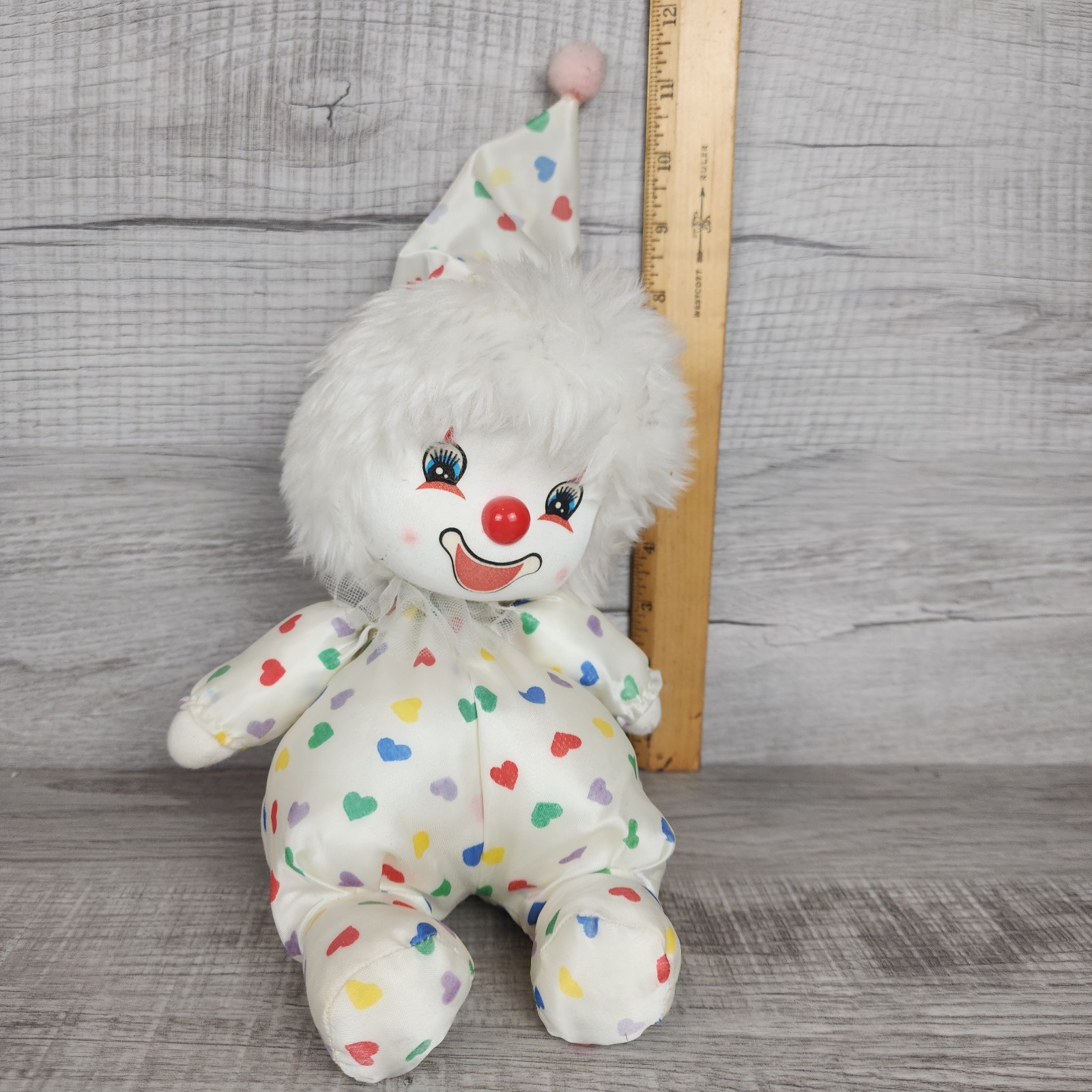 VTG 1980’s Poter Musical Wind Up Moving Clown Doll With Hearts Music Tested 11″