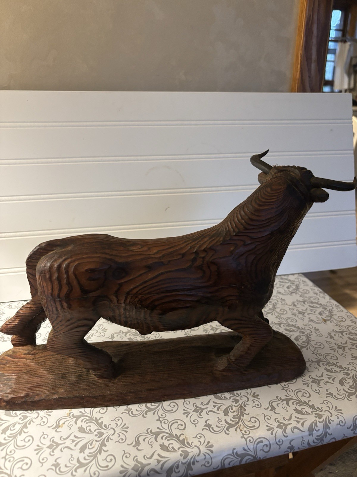 Wooden Sculpture Bull From Spain 13 Inches by 9 Inches. Hand Carved