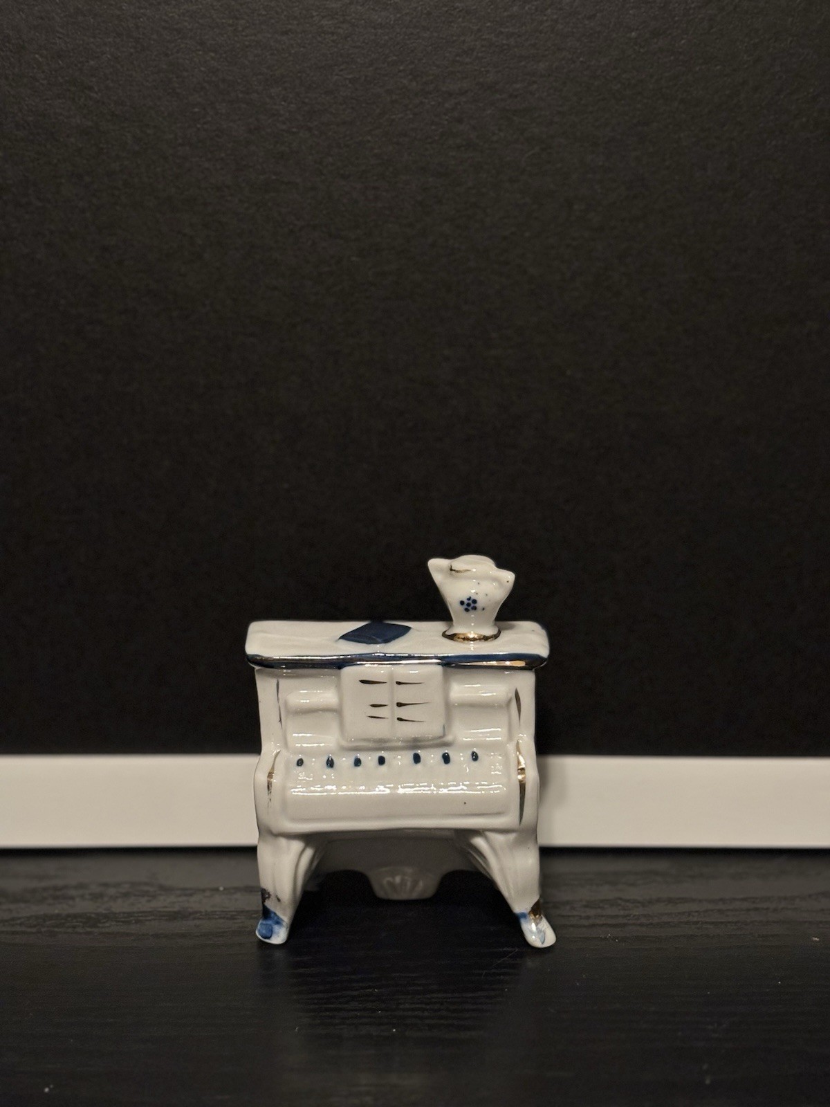 Porcelain Piano Figurine Hand Painted White Blue Gold Musical Decor Doll House