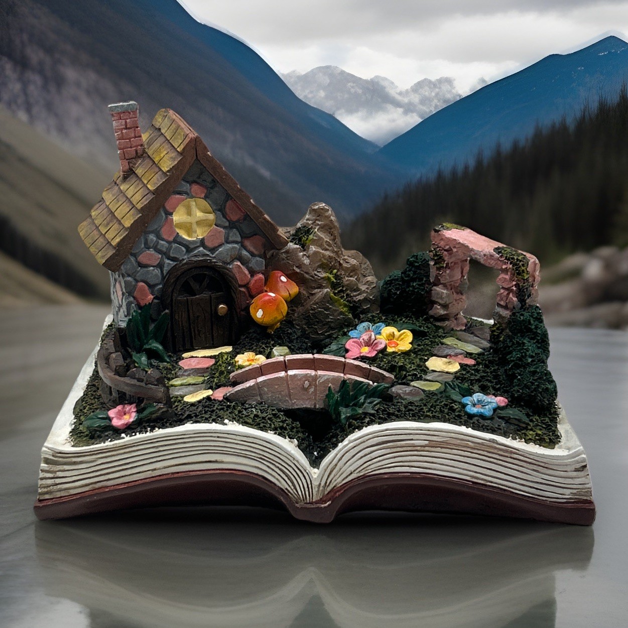 Decorative Tiny Fairy Home and Garden Path Scene Resin Statue Book 7.5x10x7”