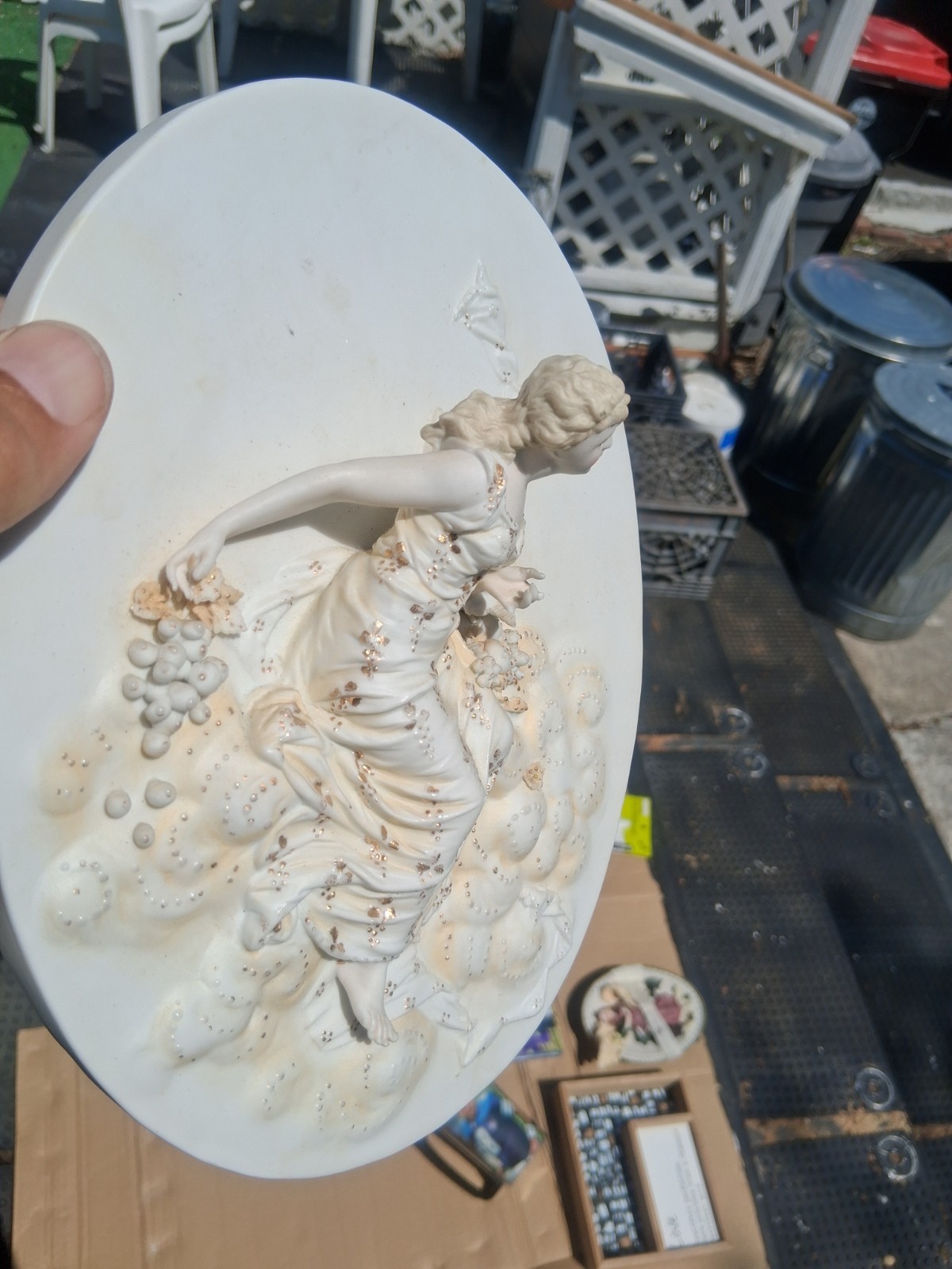 Porcelain Bisque 3D Wall Plaque. Handpainted Lady With Pearl/Stone Inlays. 9″x7″