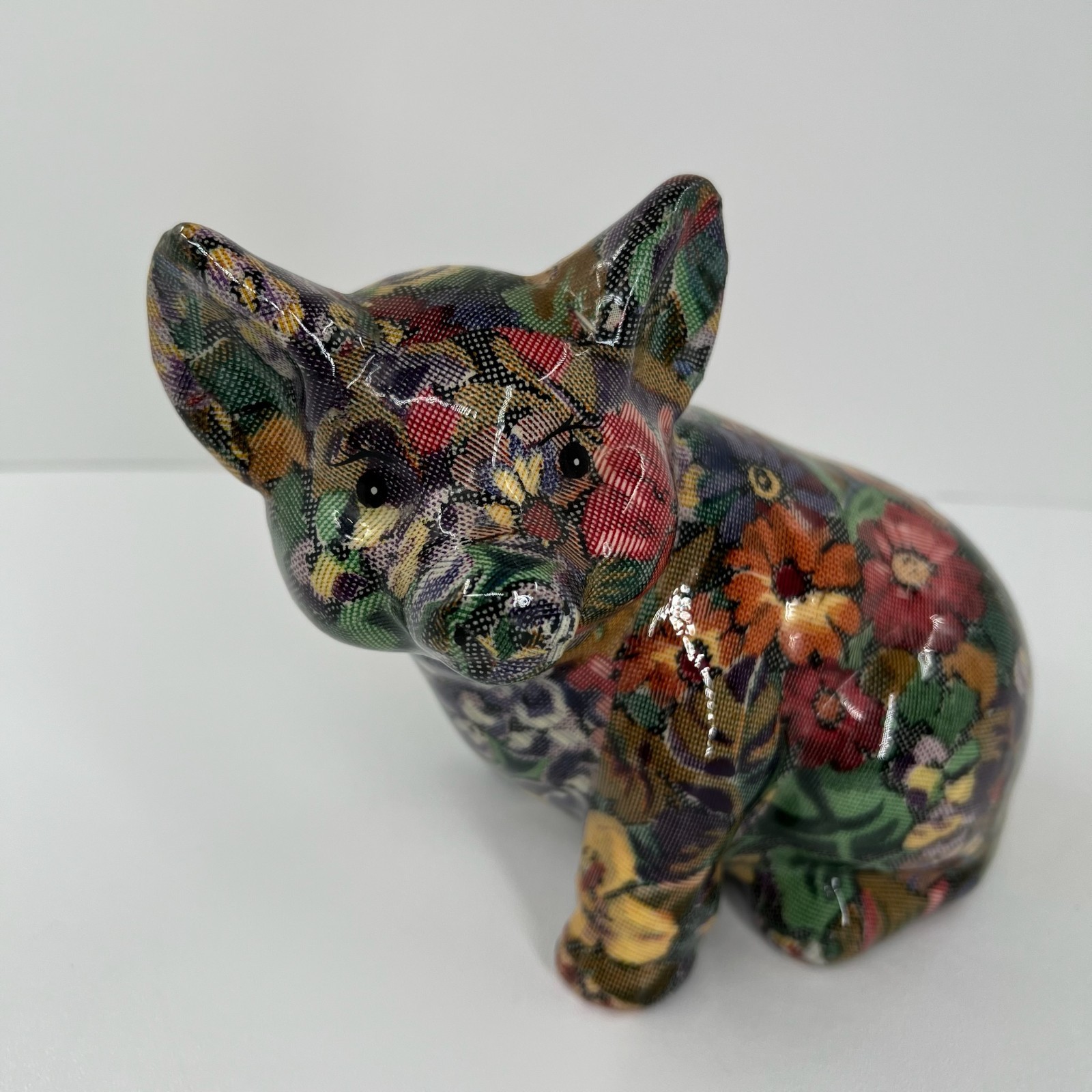 Joan Baker Porcelain Patchworks Floral Pig Figurine Vtg Decoupage 7″ Multicolor