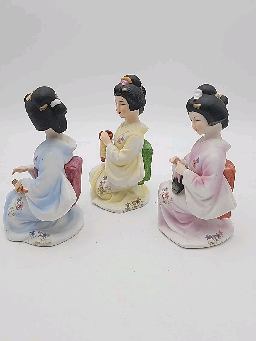 3 Vtg Japanese Geisha Girl Seizan Art Porcelain Figurines