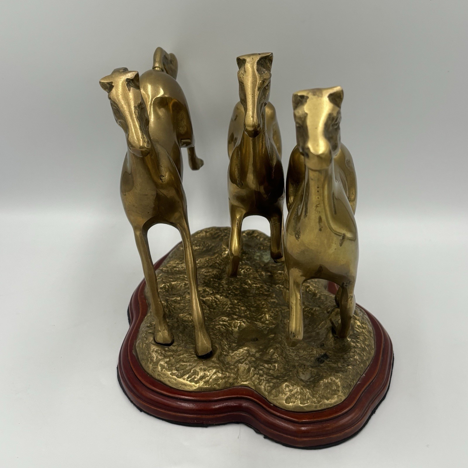 Vintage Brass Galloping Horses Sculpture Mounted on Wood Base Paperweight ART