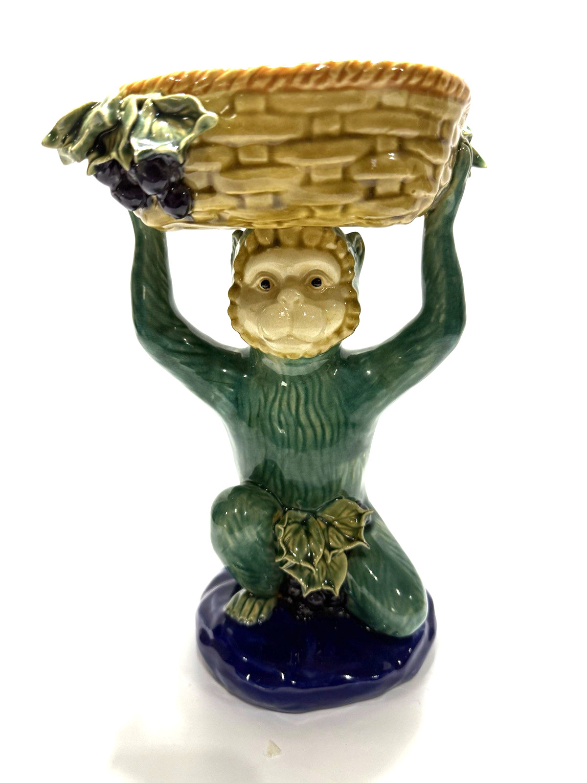 Vtg Majolica Style Monkey Woven Basket Pedestal Bowl Chinoiserie 10.5″xx7.5″x6″