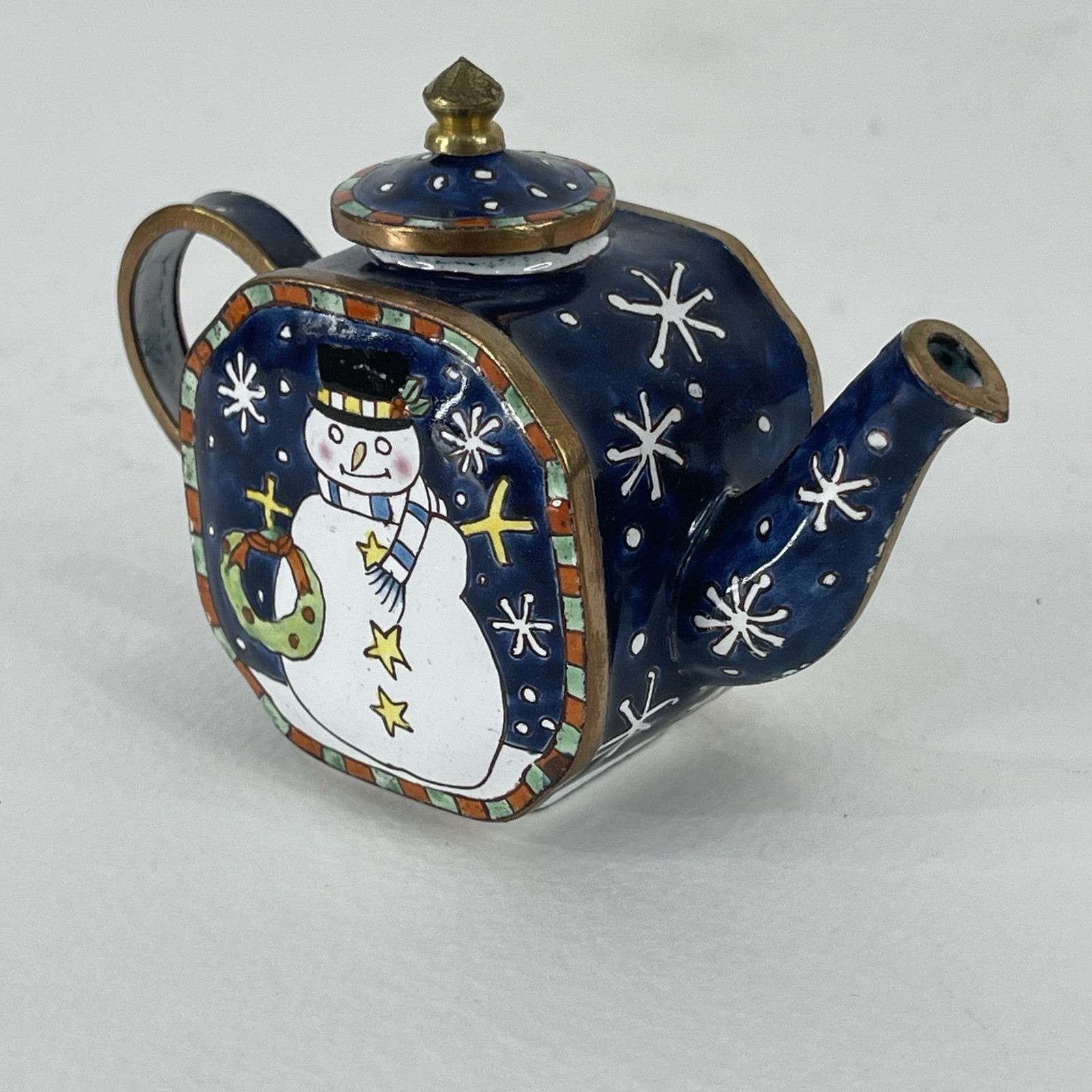 Miniature Enamel Copper Teapot Kelvin Chen Style Hand Painted Snowman Xmas VTG