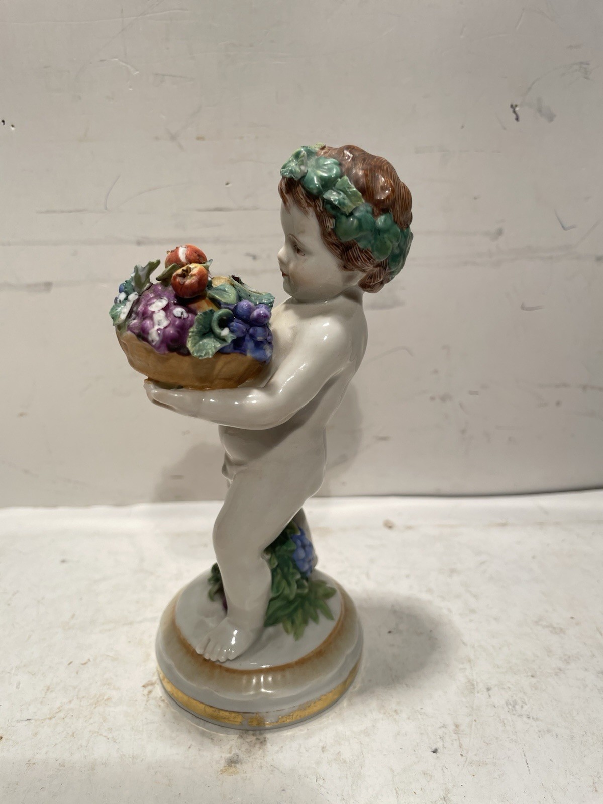 Antique Muller Volkstedt Porcelain Cherub Figurine Holding Fruit Basket J