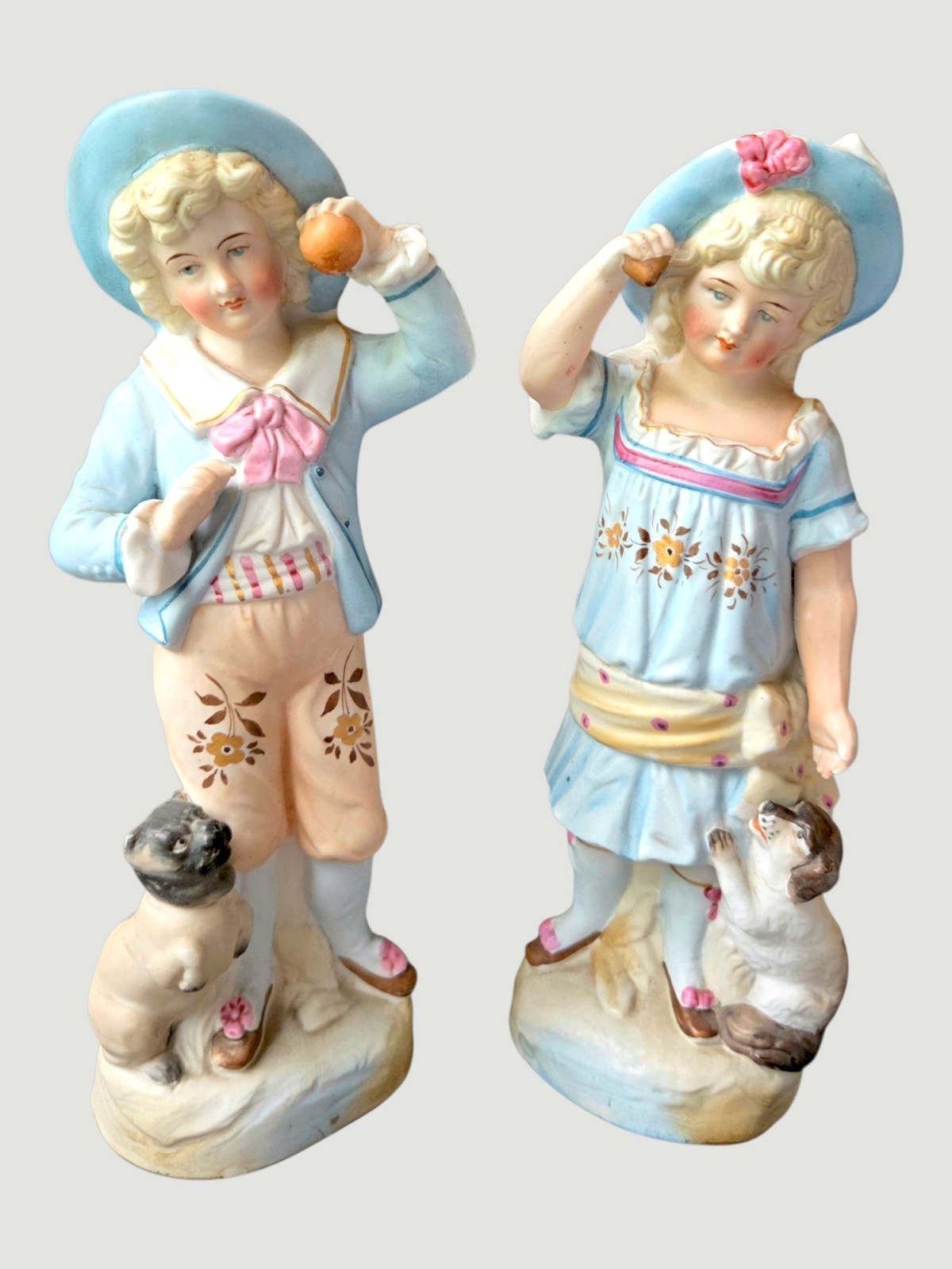 Vintage Porcelain Girl & Boy Figurines 9″ Pet Dogs Hand Painted Old Fashioned
