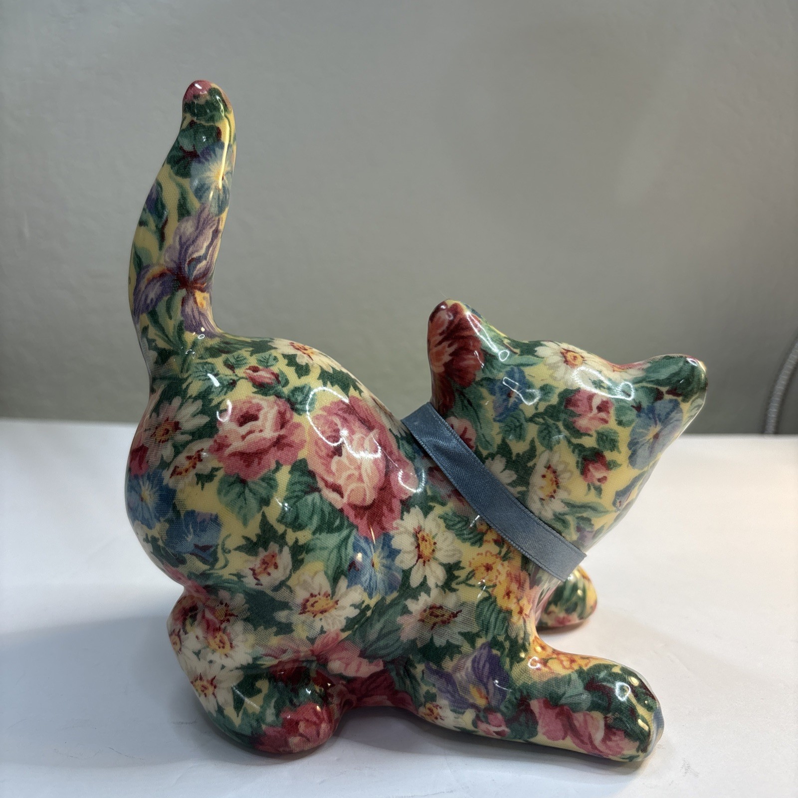 Hand Crafted Porcelain Patchworks Cat By Joan Baker Designs Kitty Kitten Floral