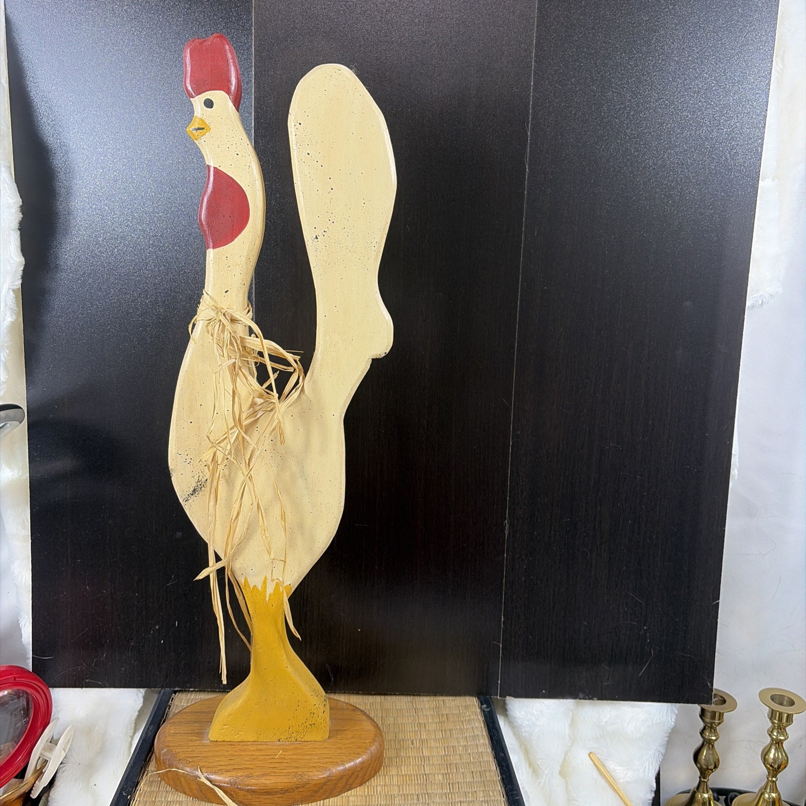 Wood Carved Rooster/Hen Handpainted On Pedestal 21.5” Tall 7”W.