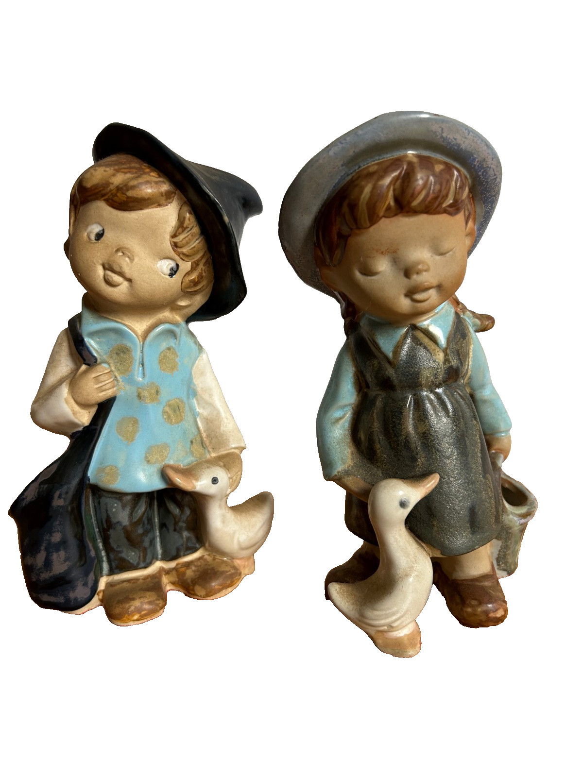 Vintage UCTCI Hand Painted Pottery Figurines Girl and Boy with Ducks 6.25 in