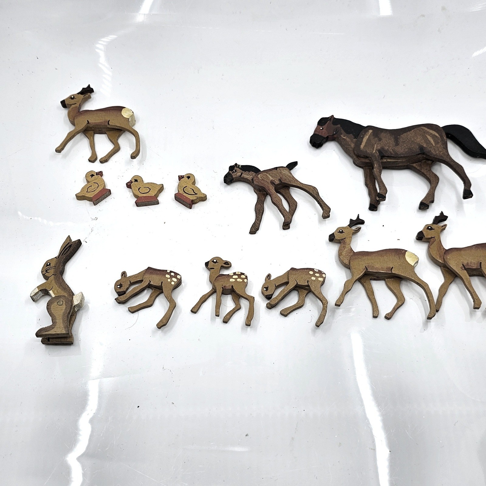 Vintage Hand Painted Wooden Animal Figurines Set 12pc Deer Horse Rabbit Duckling