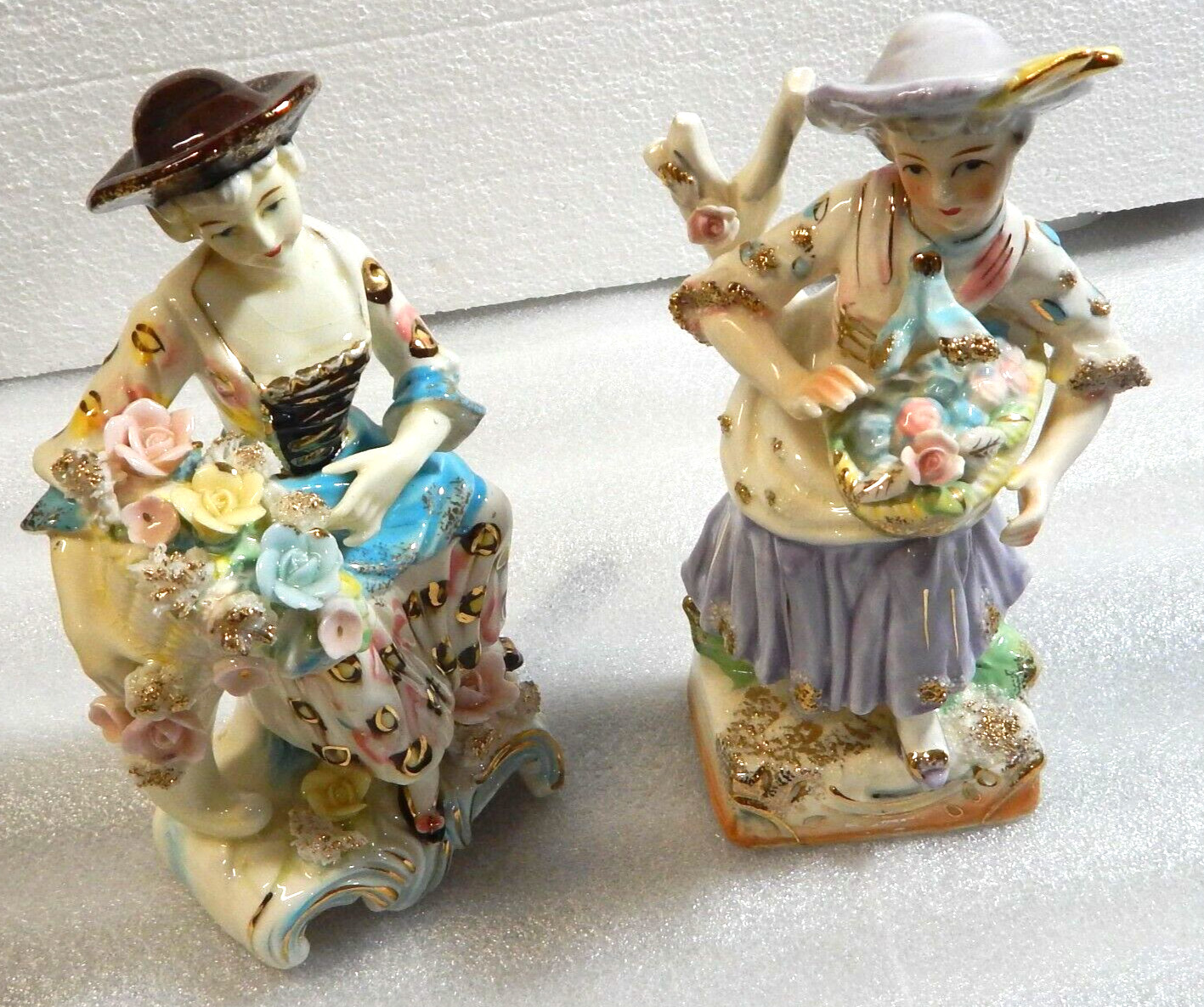 2 Vintage Figurines Large 9″ Ucagco Japan Women Ladies with Flowers Tall 1950s