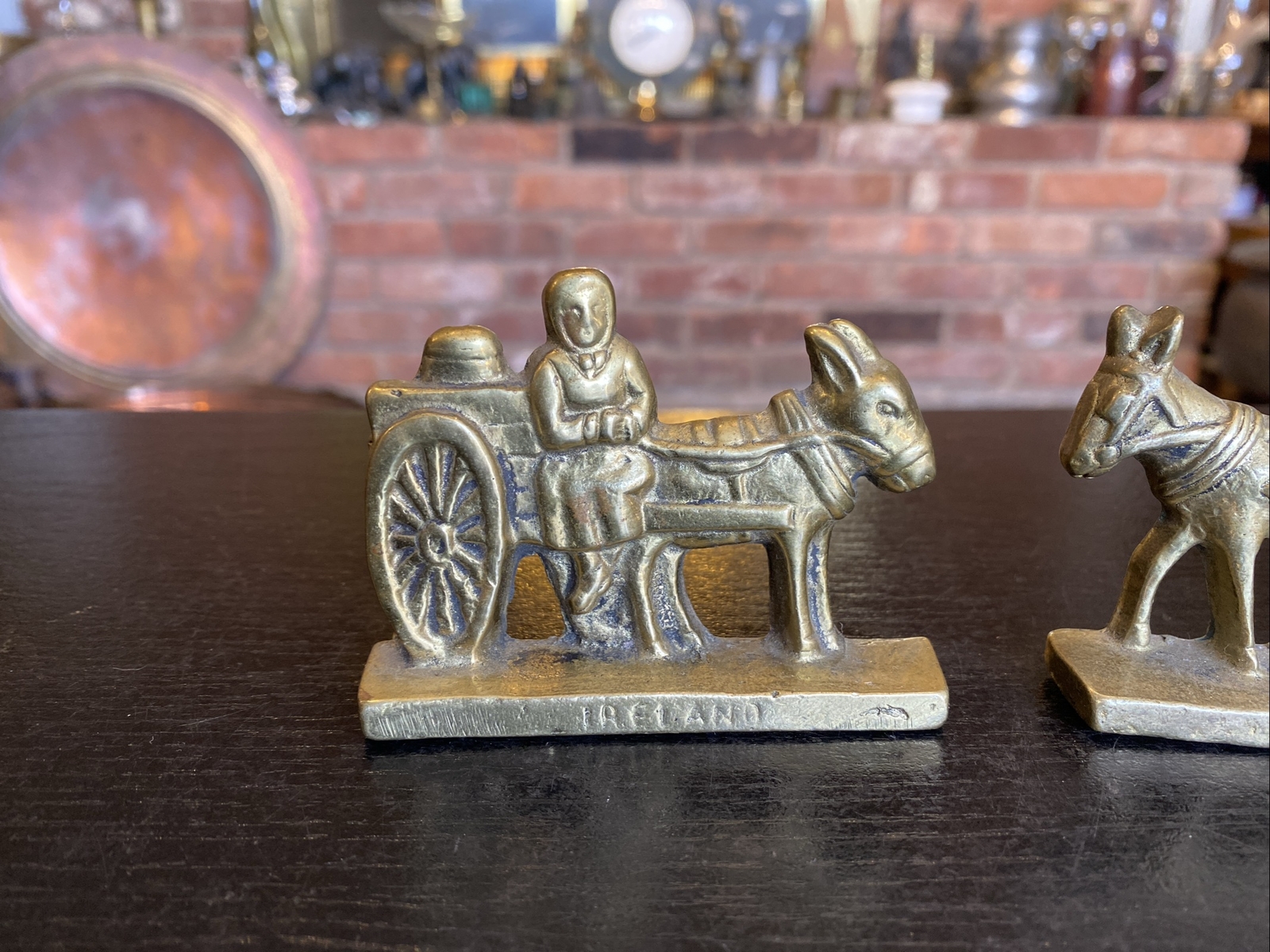 2 Vintage Miniature Brass Doorstop Figures Milk Maid & Man Donkey Carts, Ireland