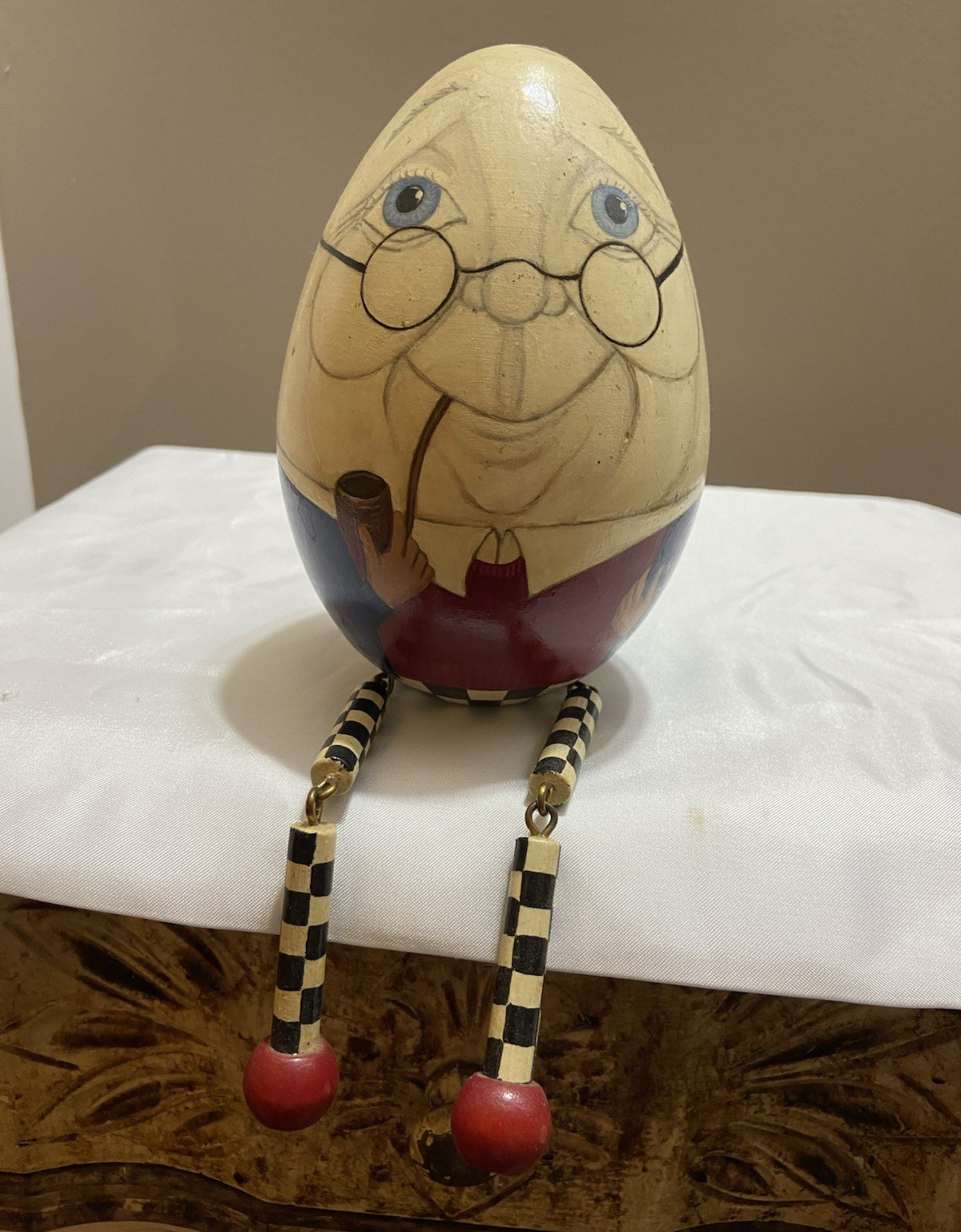 Signed Harlen Hand Painted Wood Humpty Dumpty Egg Figurine, 1997