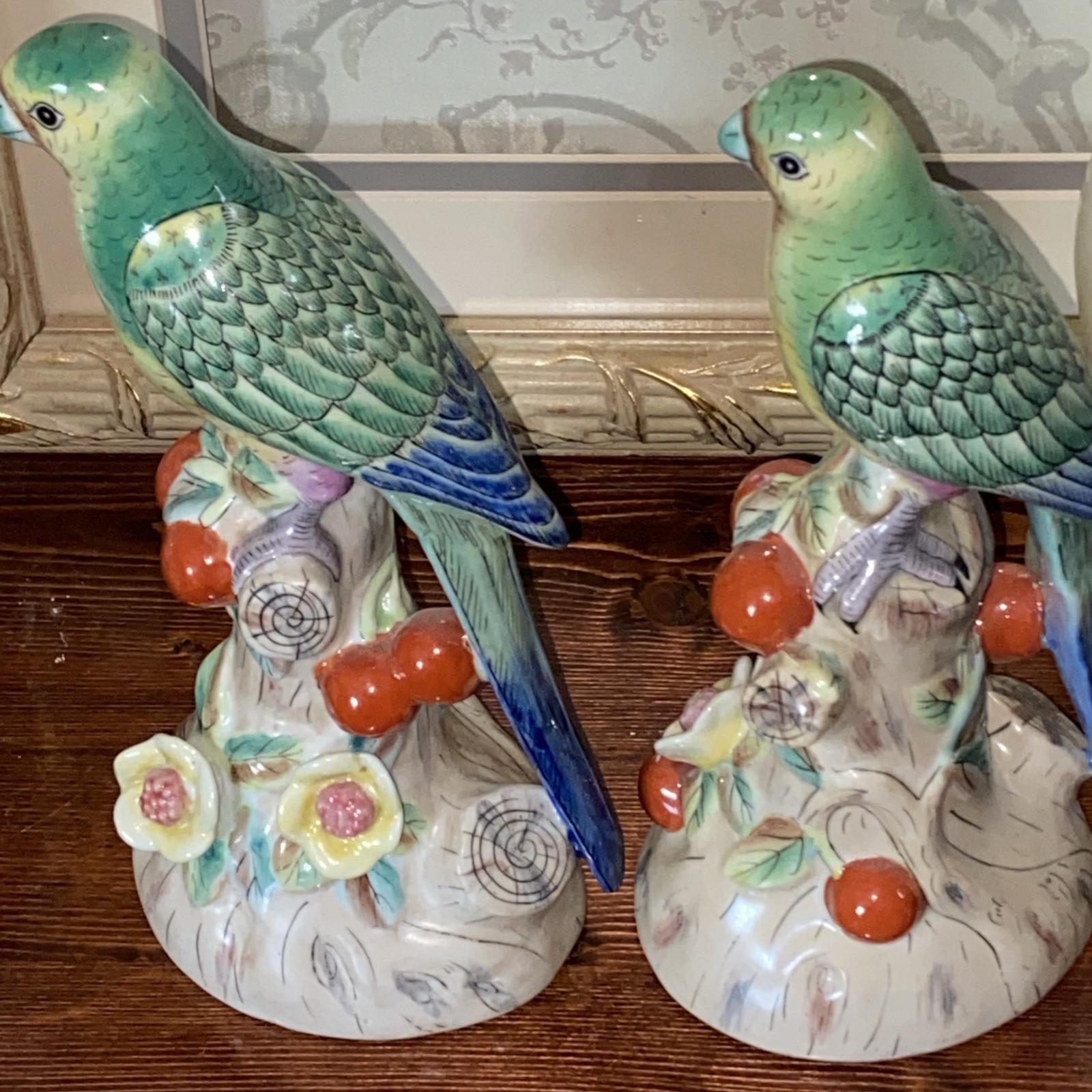 Vintage Andrea Sadek MCM Majolica Parrot Figurines Matched Pair