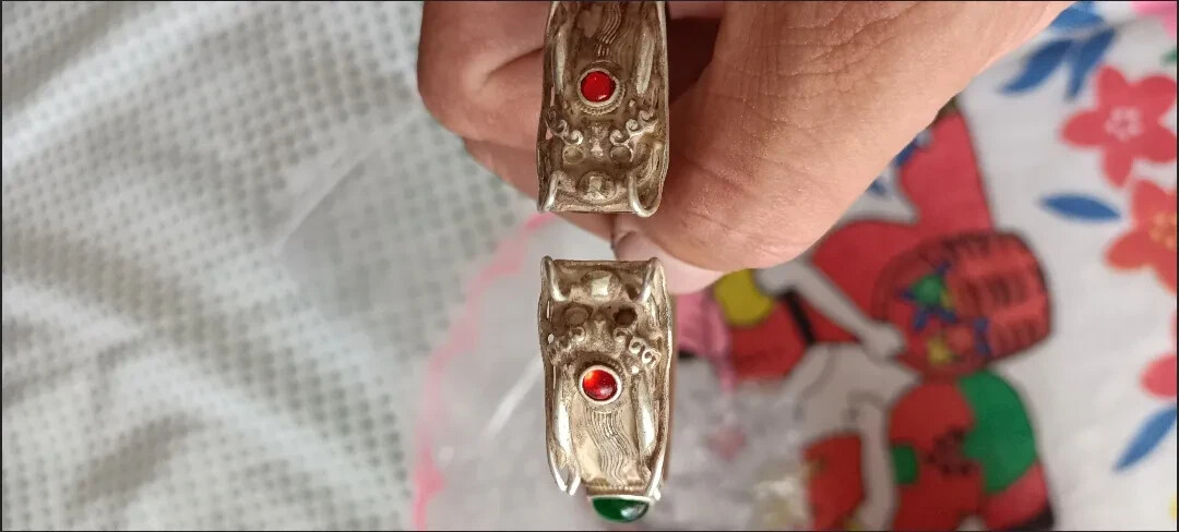 Ancient China Qing Dynasty Antique Dragon Bangle Colect Inlaid Gemstone Bracelet
