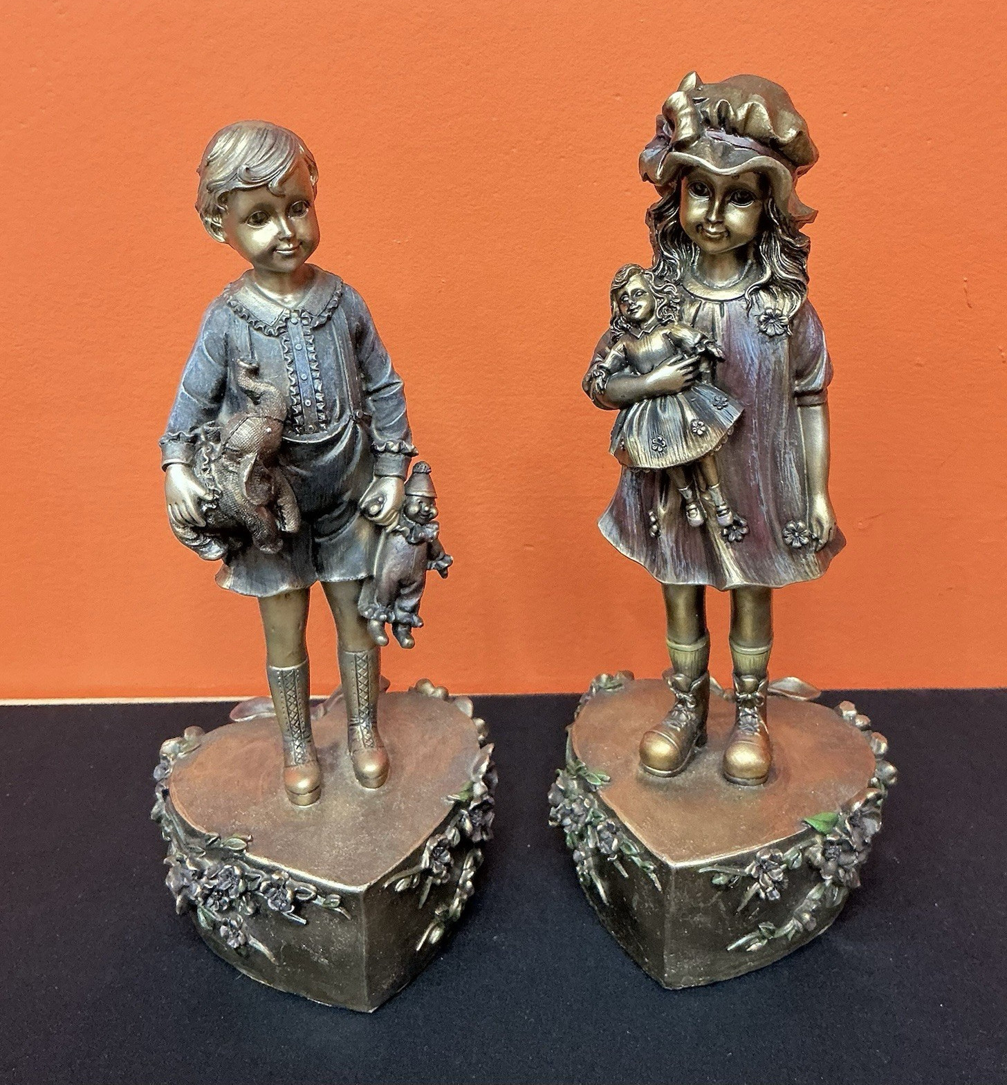 Bronze Metal Painted Figurines Set of 2 Boy & Girl Children Statues 10” Tall