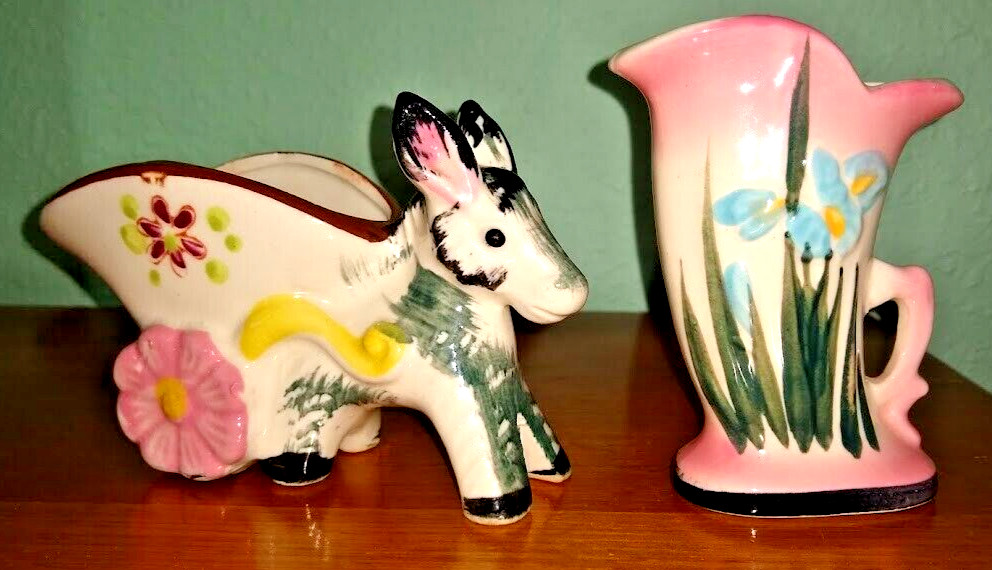 Vtg. mini donkey and cart; mini vase porcelain. Excellent shape!