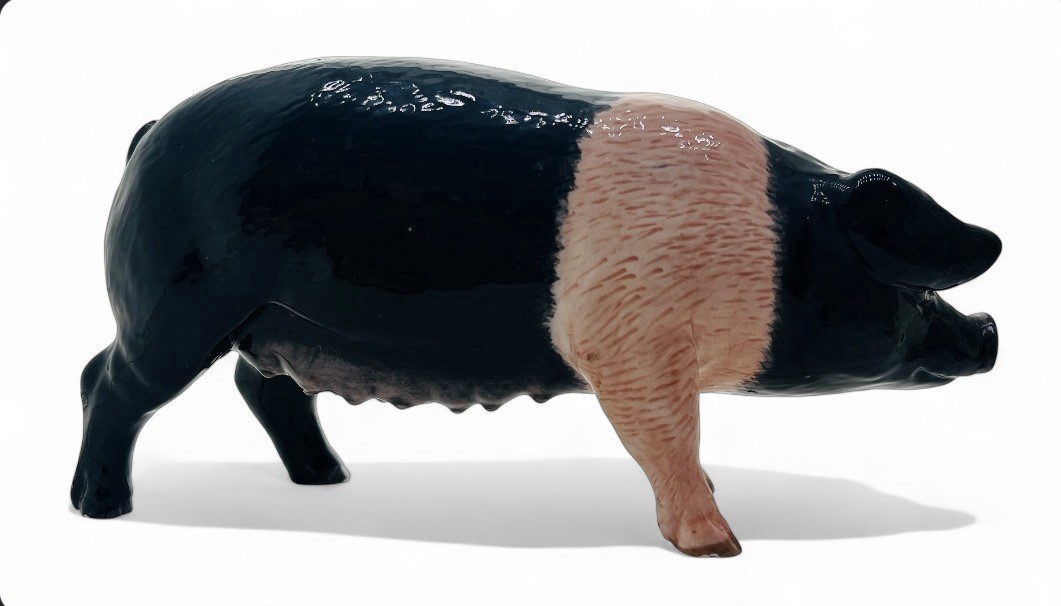 Vintage Signed Porcelain John Bewick Black & Pink Pig Figurine RARE