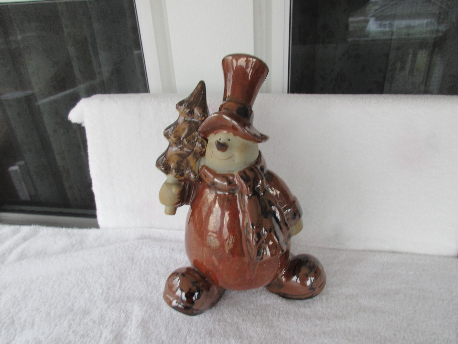 VTG Lg Christmas Statue/Figurine Art Pottery Snowman Tree Glossy Winter Decor